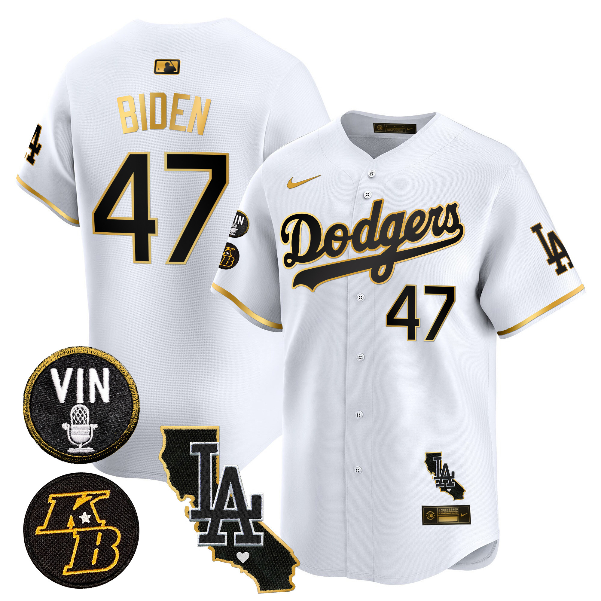 Joe Biden Men's Los Angeles Dodgers Vin & Kobe Patch Gold Trim Vapor Premier Limited V2 White Gold Jersey - All Stitched