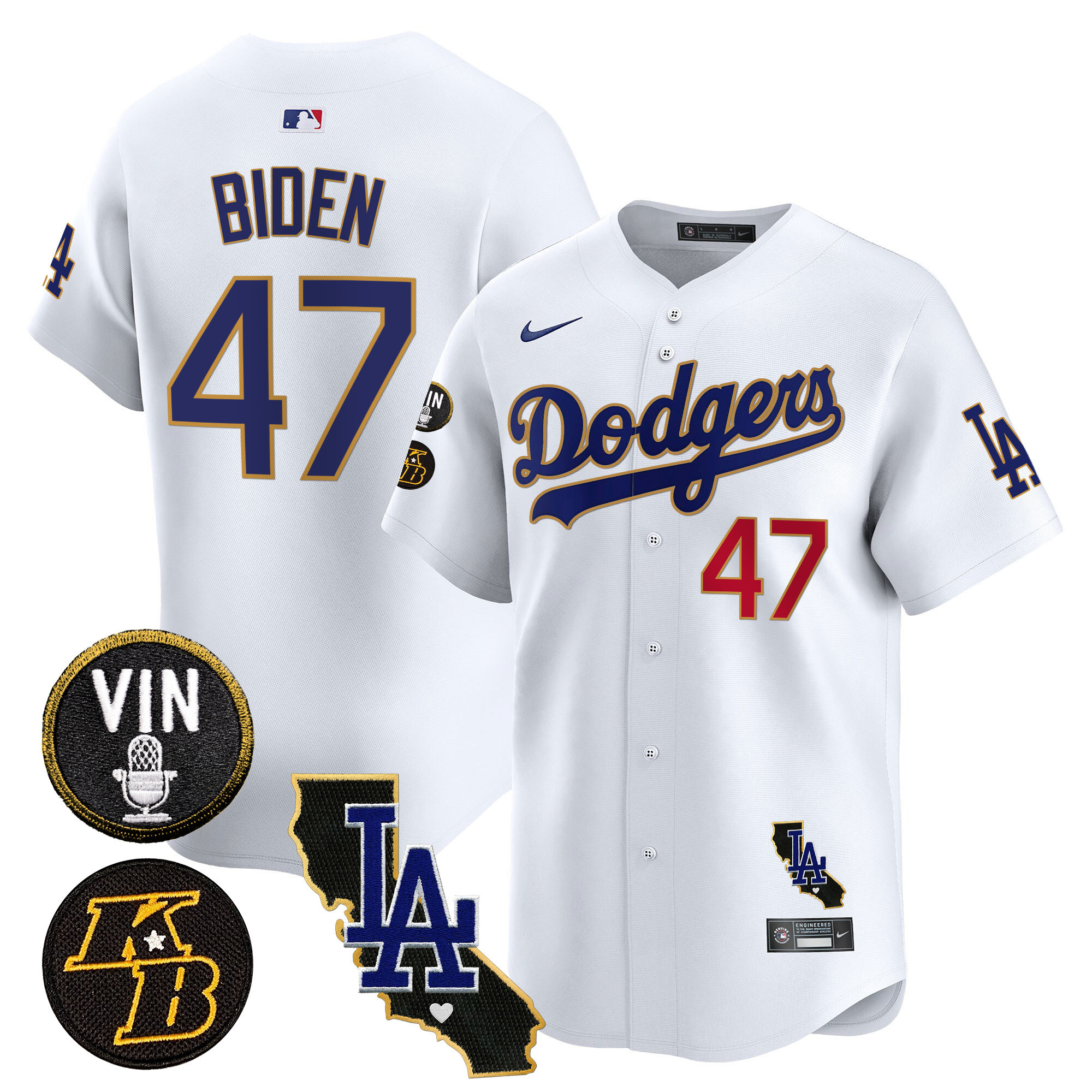 Joe Biden Men's Los Angeles Dodgers Vin & Kobe Patch Gold Trim Vapor Premier Limited V2 White Jersey - All Stitched