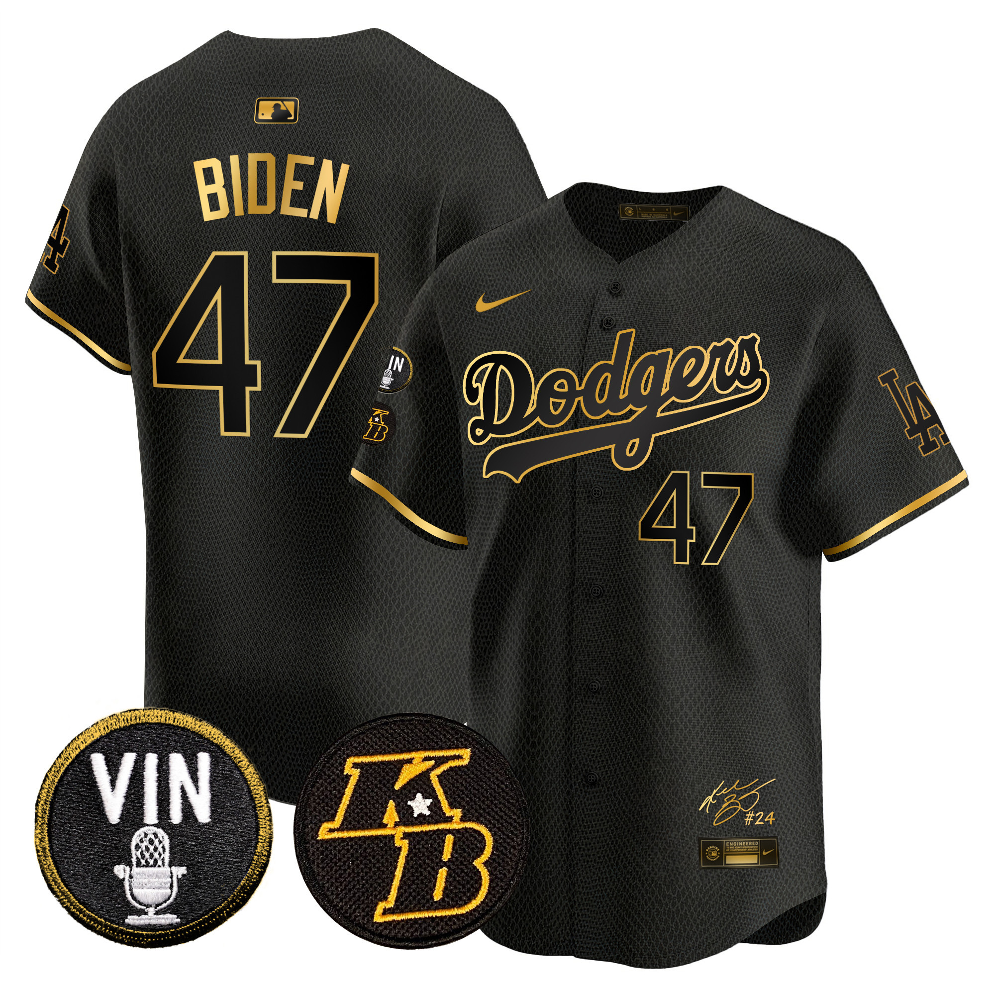 Joe Biden Men's Los Angeles Dodgers Vin Patch & Kobe Bryant Signature Vapor Premier Limited Mamba Gold Jersey - All Stitched
