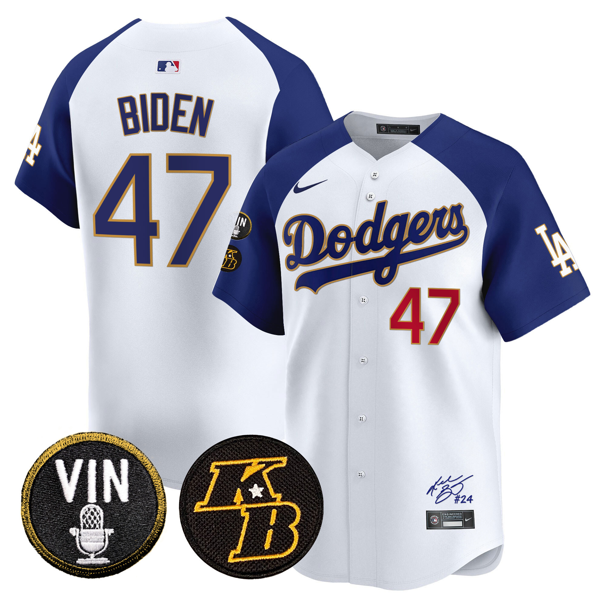 Joe Biden Men's Los Angeles Dodgers Vin Patch & Kobe Bryant Signature Vapor Premier Limited White Alternate Jersey - All Stitched