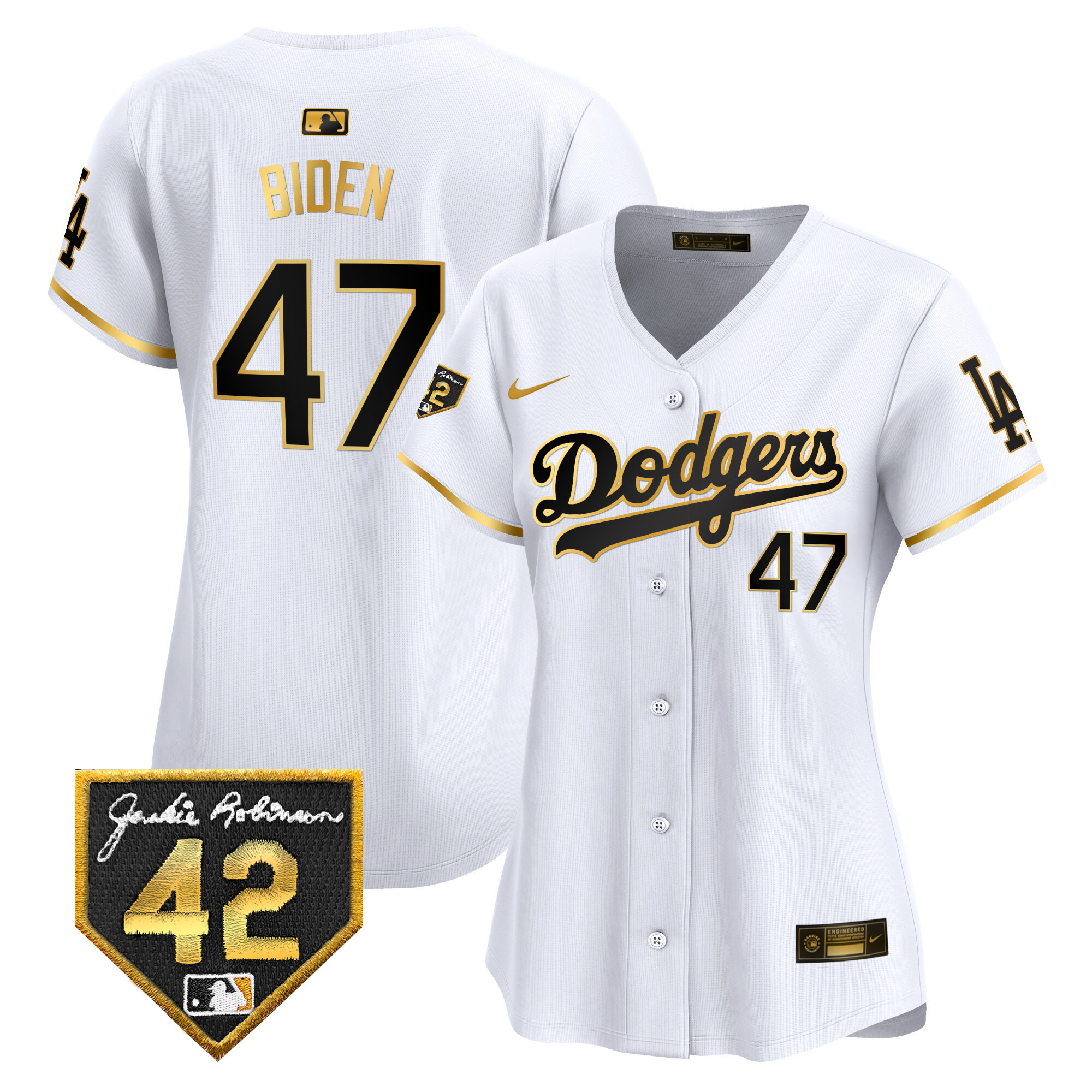 Joe Biden Women's Los Angeles Dodgers 2024 Jackie Robinson Patch Vapor Premier Limited White Gold Jersey - All Stitched