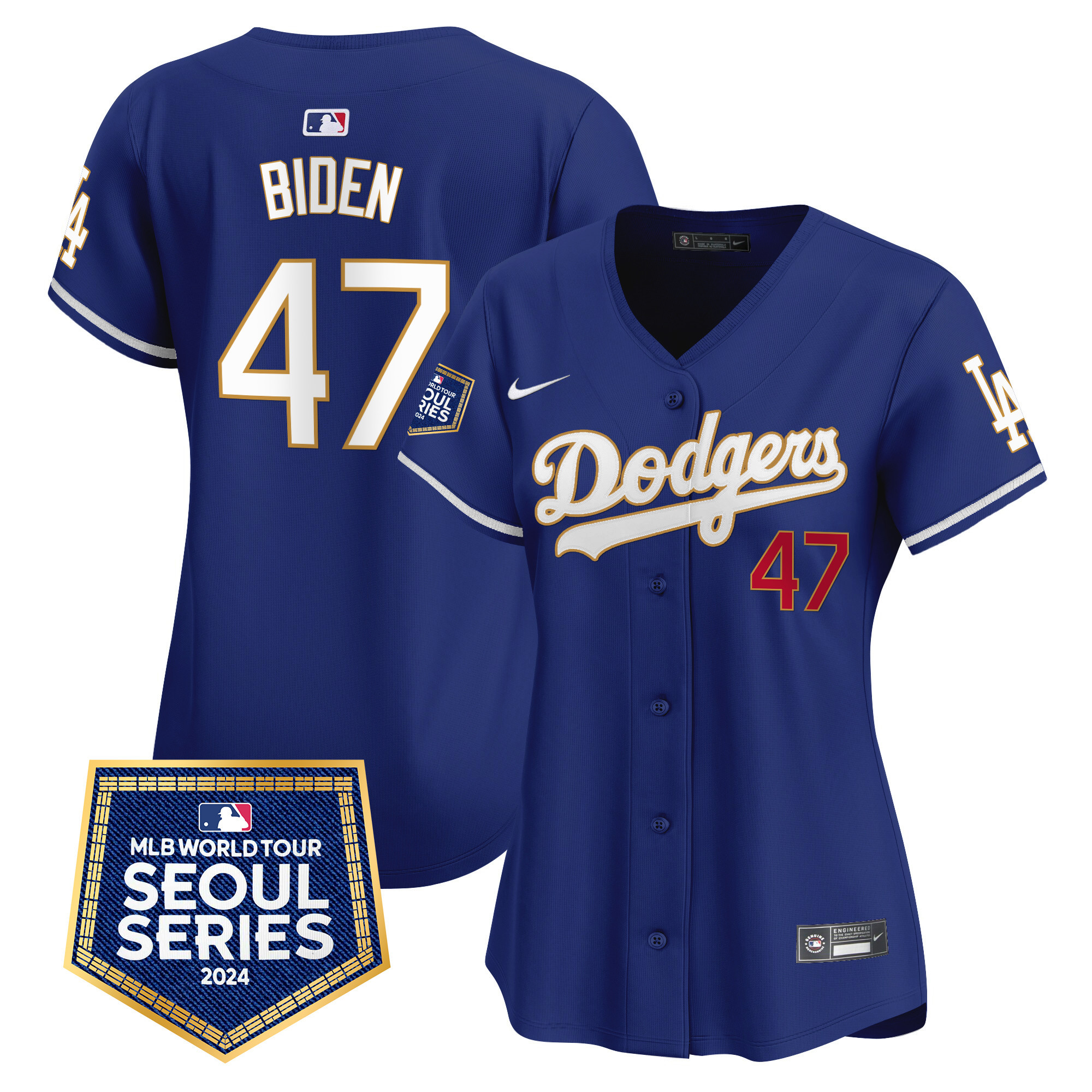 Joe Biden Women's Los Angeles Dodgers 2024 World Tour Seoul Series Patch Vapor Premier Limited Royal Jersey - All Stitched