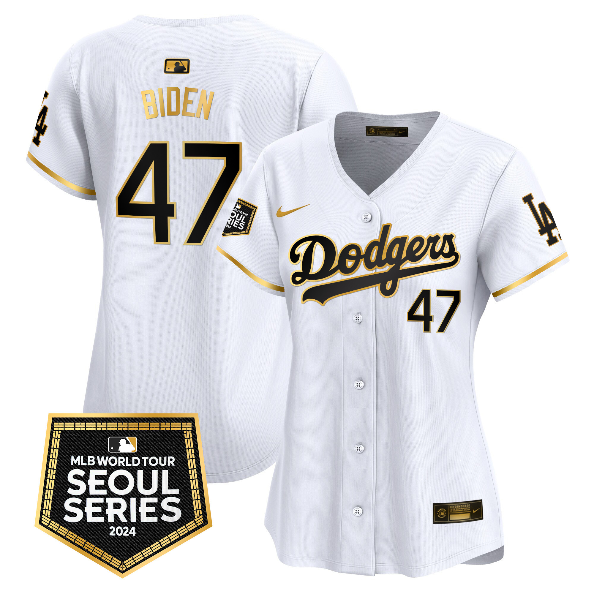 Joe Biden Women's Los Angeles Dodgers 2024 World Tour Seoul Series Patch Vapor Premier Limited White Gold Jersey - All Stitched