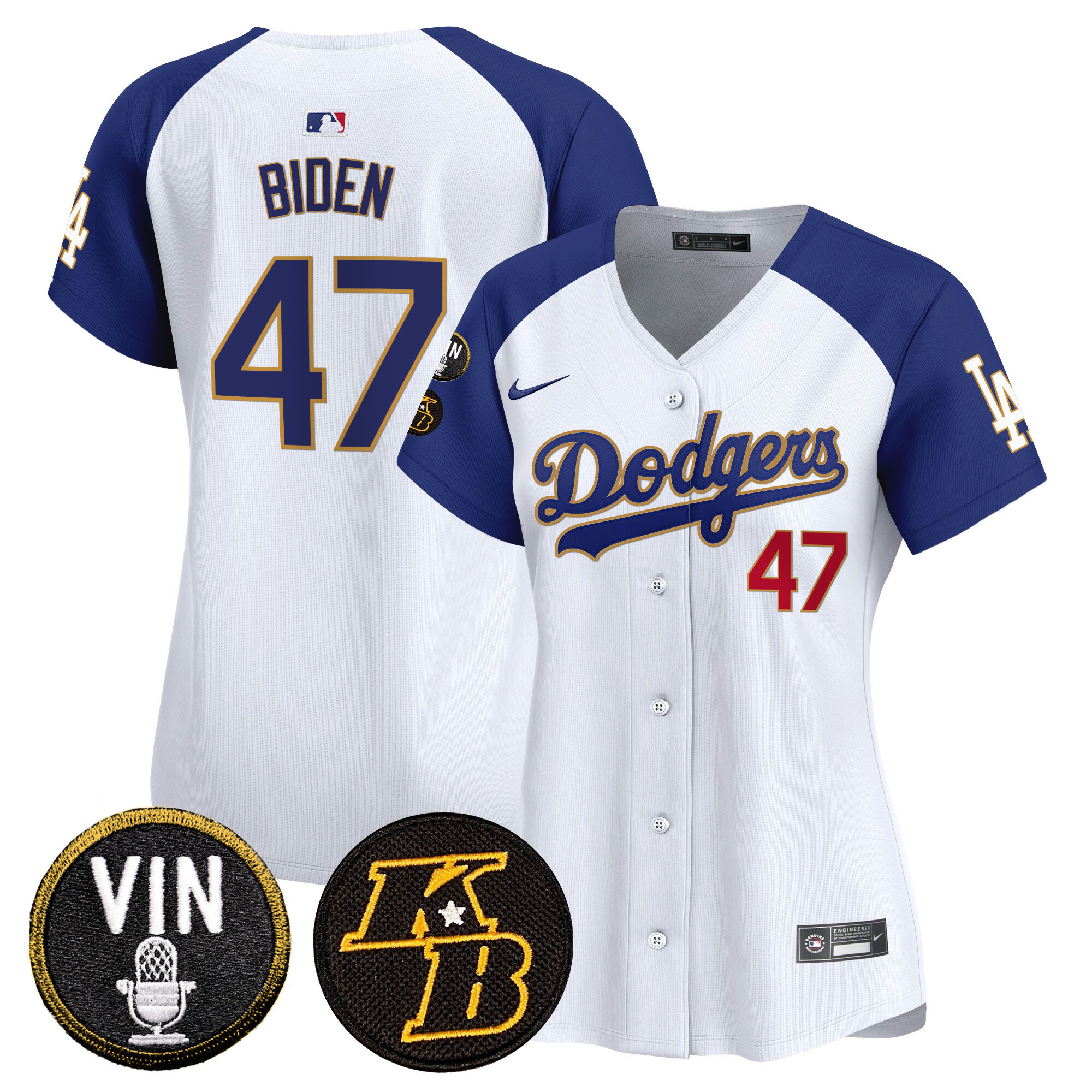 Joe Biden Women's Los Angeles Dodgers Vin & Kobe Patch Gold Trim Vapor Premier Limited White Alternate Jersey - All Stitched