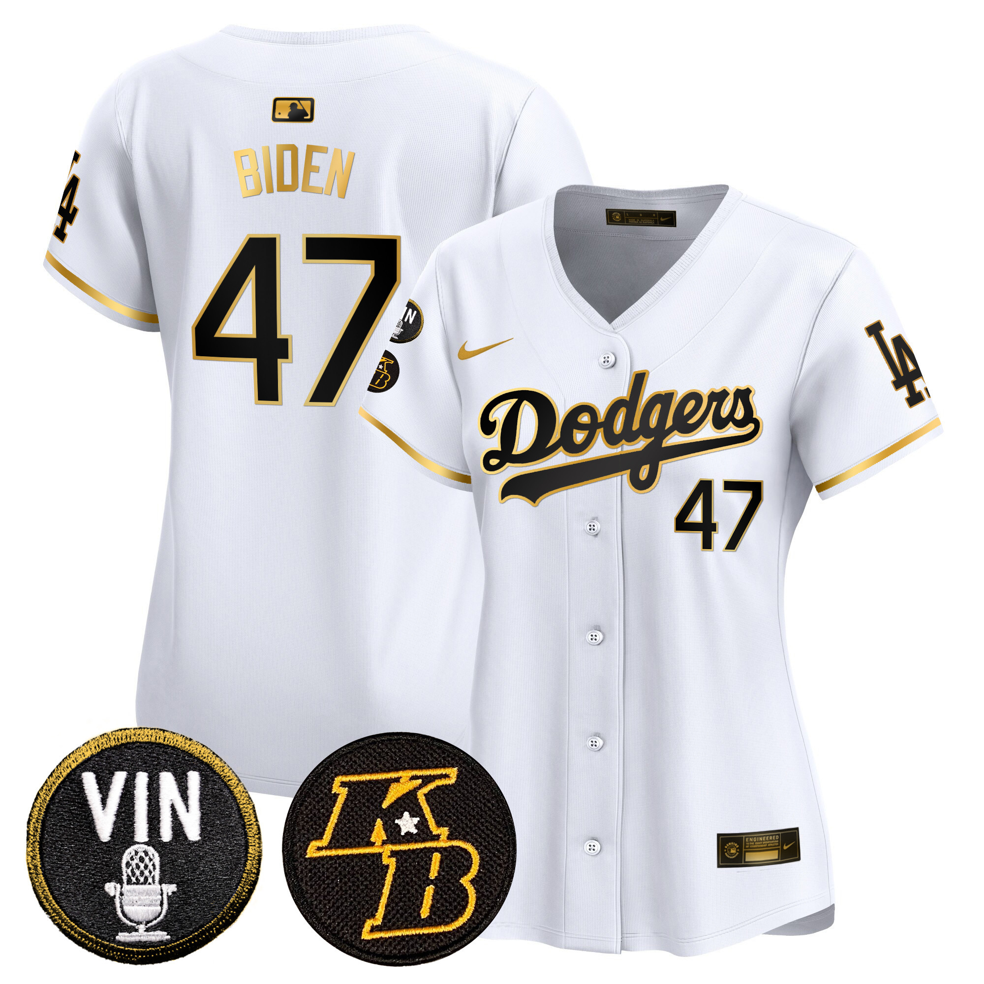 Joe Biden Women's Los Angeles Dodgers Vin & Kobe Patch Gold Trim Vapor Premier Limited White Gold Jersey - All Stitched