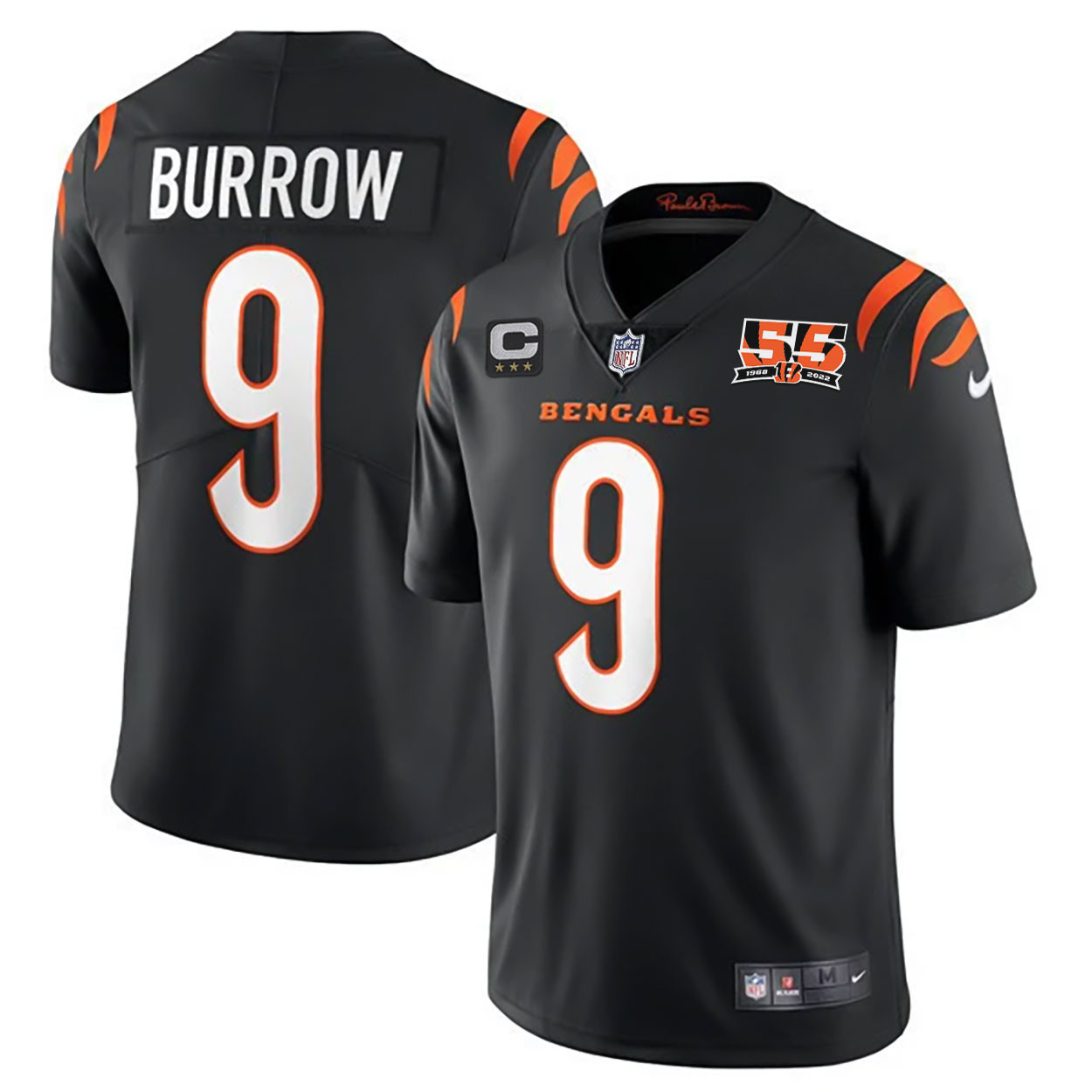 Joe Burrow Men's Cincinnati Bengals 55th 1968 - 2022 Anniversary Patch Player Vapor Limited Black Jersey - All Stitched 