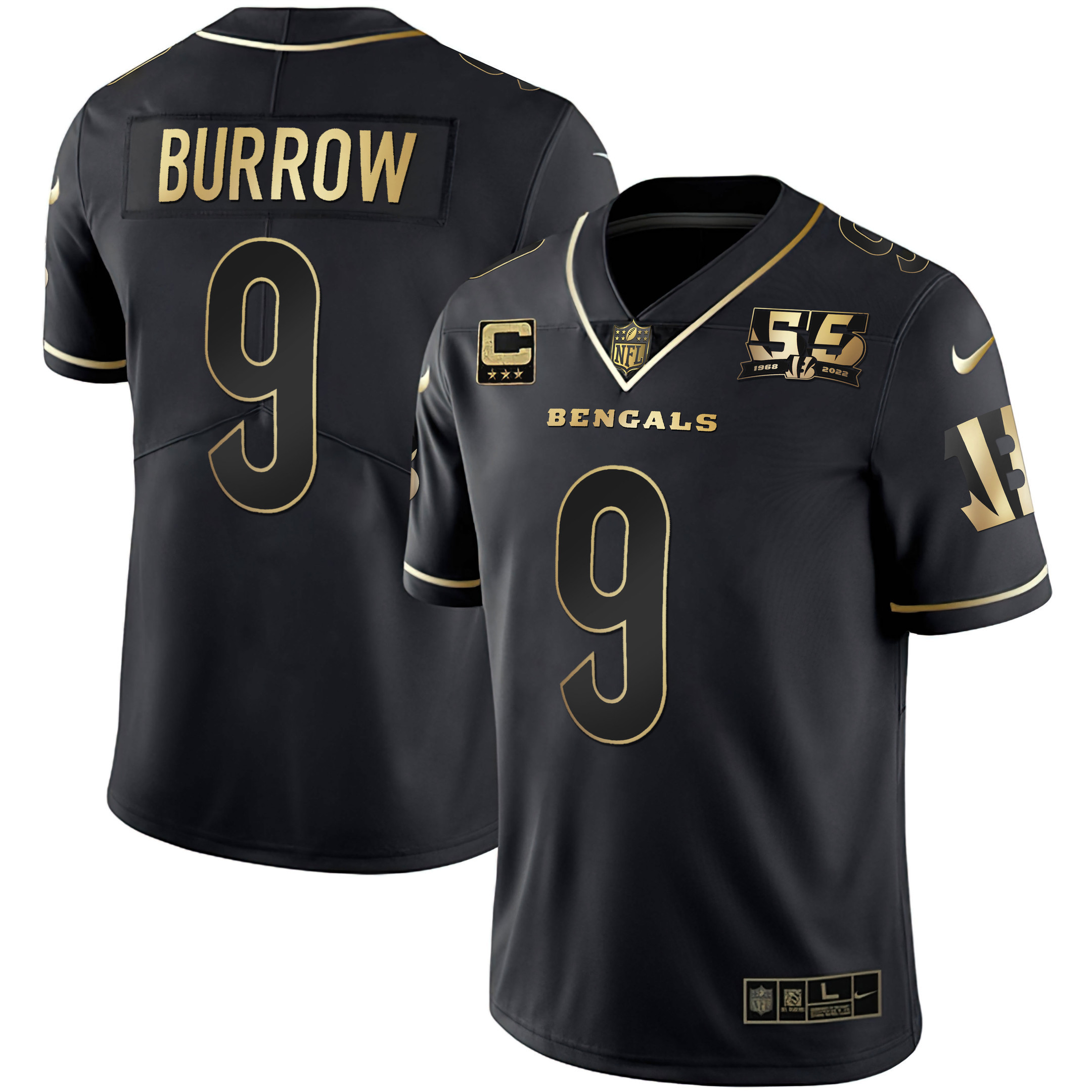 Joe Burrow Men's Cincinnati Bengals 55th 1968 - 2022 Anniversary Patch White Gold & Black Gold Black Gold Jersey - All Stitched 