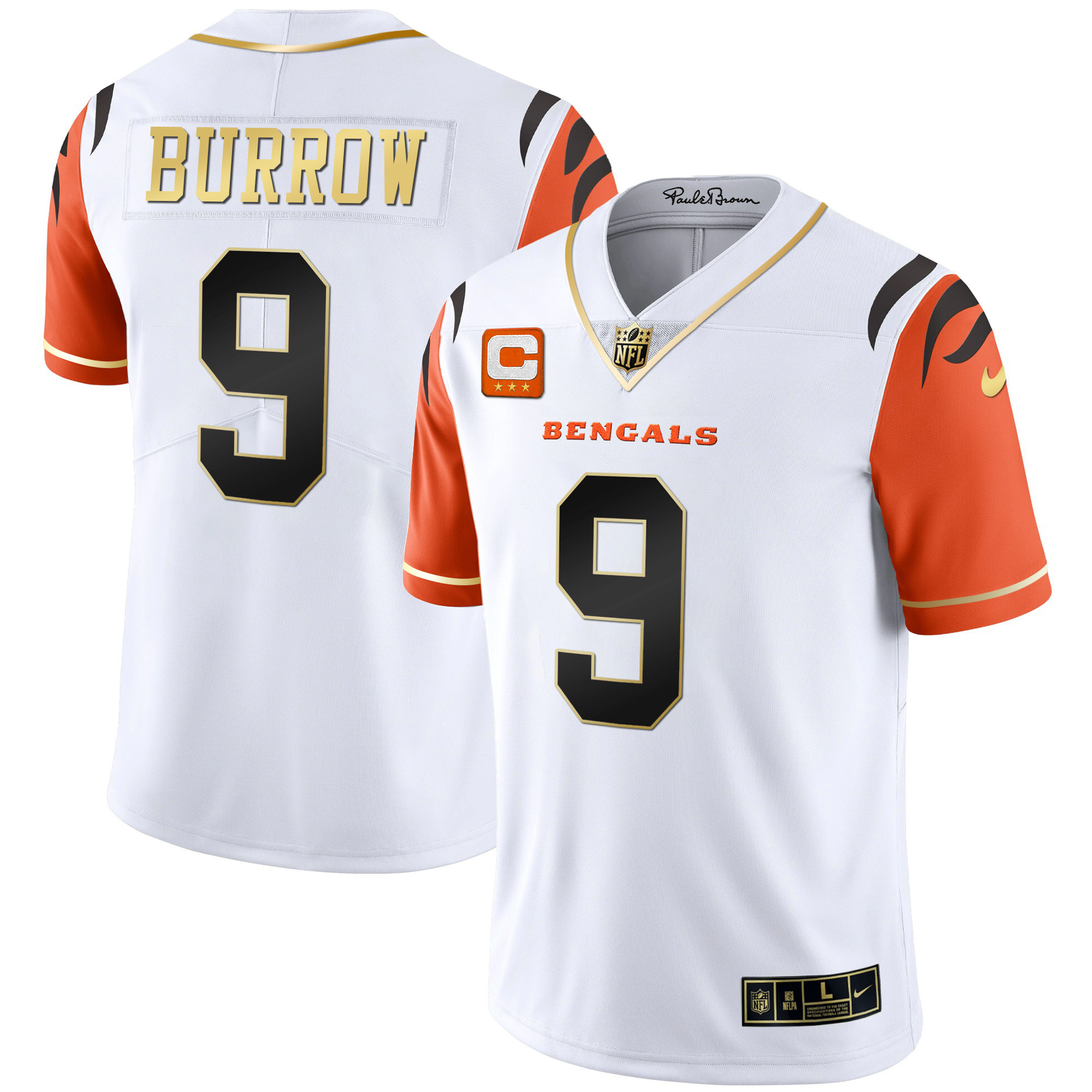 Joe Burrow Men's Cincinnati Bengals Black Gold & White Gold Vapor Orange Sleeves Jersey - All Stitched 