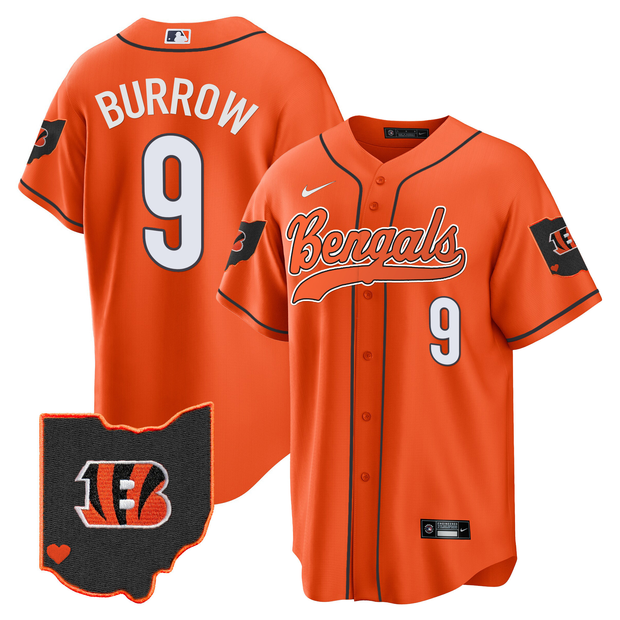Joe Burrow Men's Cincinnati Bengals Ohio Patch Baseball Orange Jersey - All Stitched 