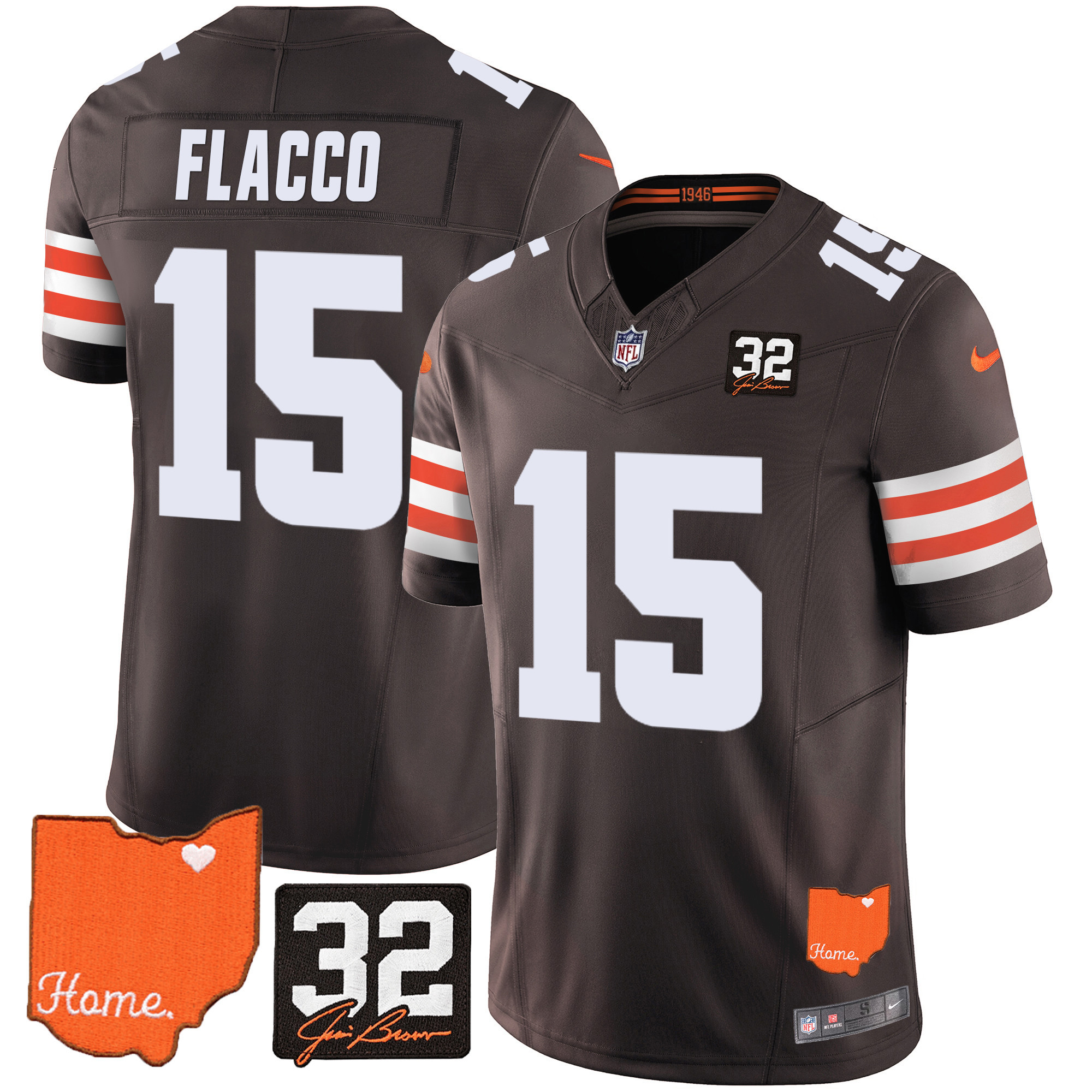 Joe Flacco Men's Cleveland Browns #32 Jim Brown Memorial & Home Patch Jersey - All Stitched