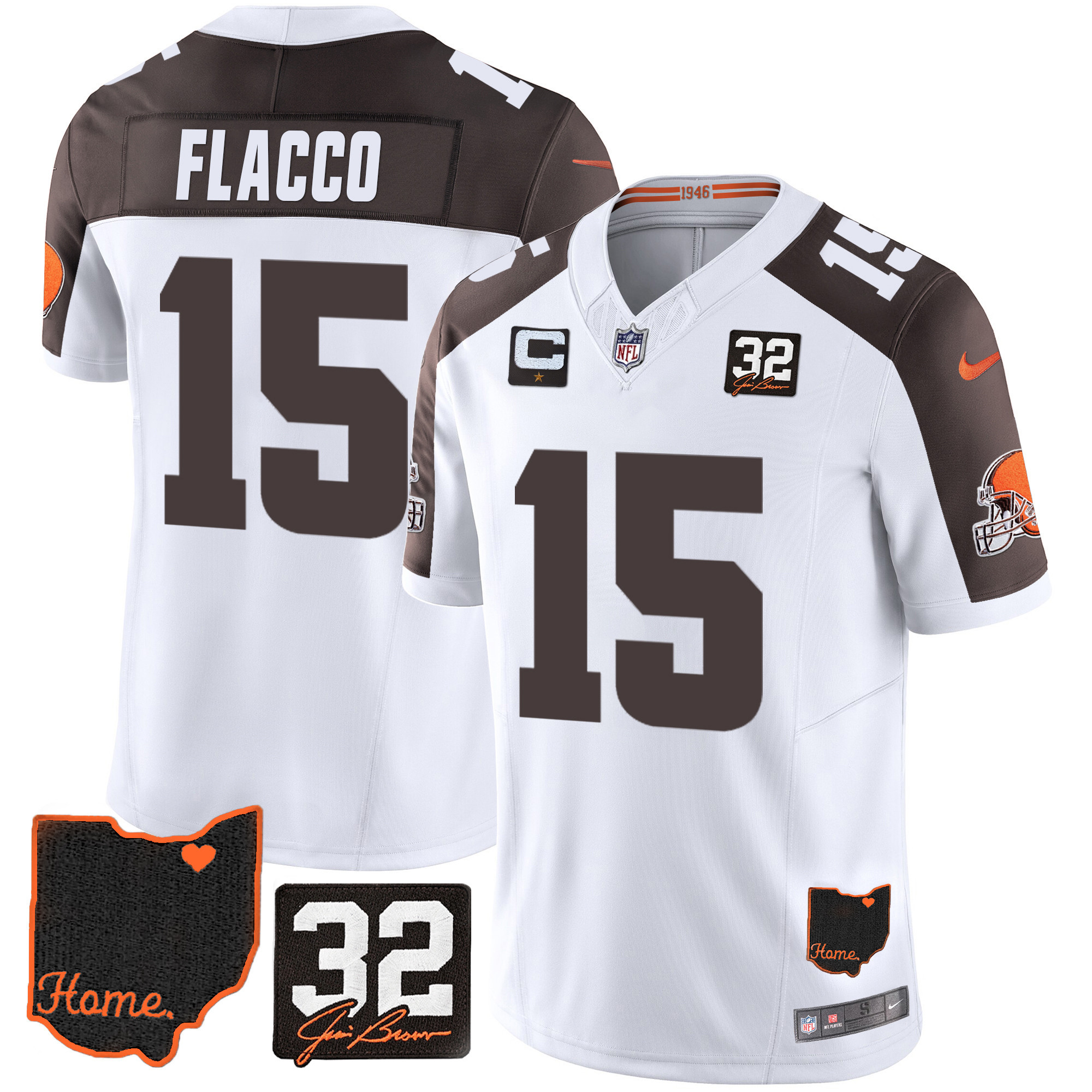 Joe Flacco Men's Cleveland Browns #32 Jim Brown Memorial & Home Patch V3 Inverted Jersey - All Stitched