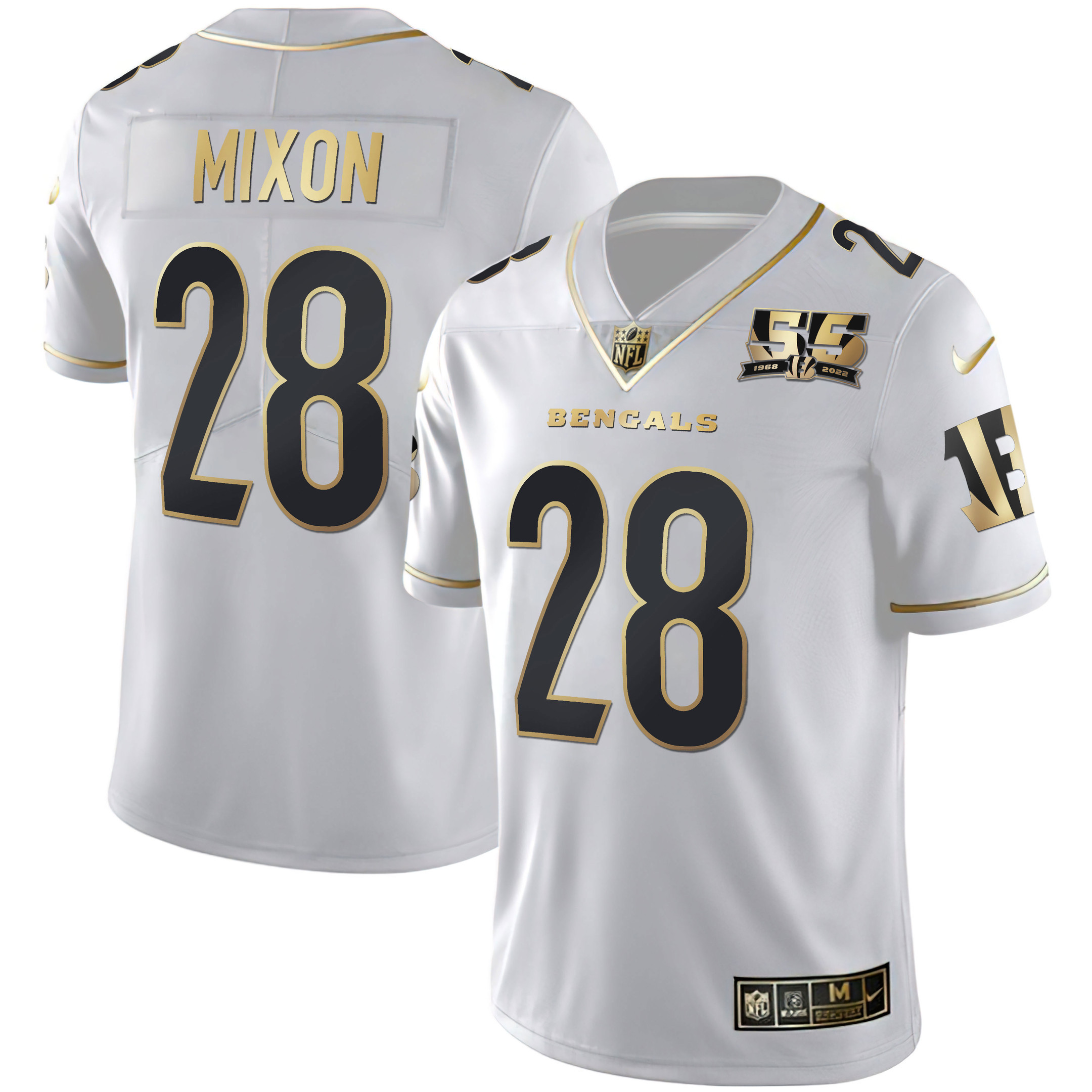 Joe Mixon Men's Cincinnati Bengals 55th 1968 - 2022 Anniversary Patch White Gold & Black Gold White Gold Jersey - All Stitched 