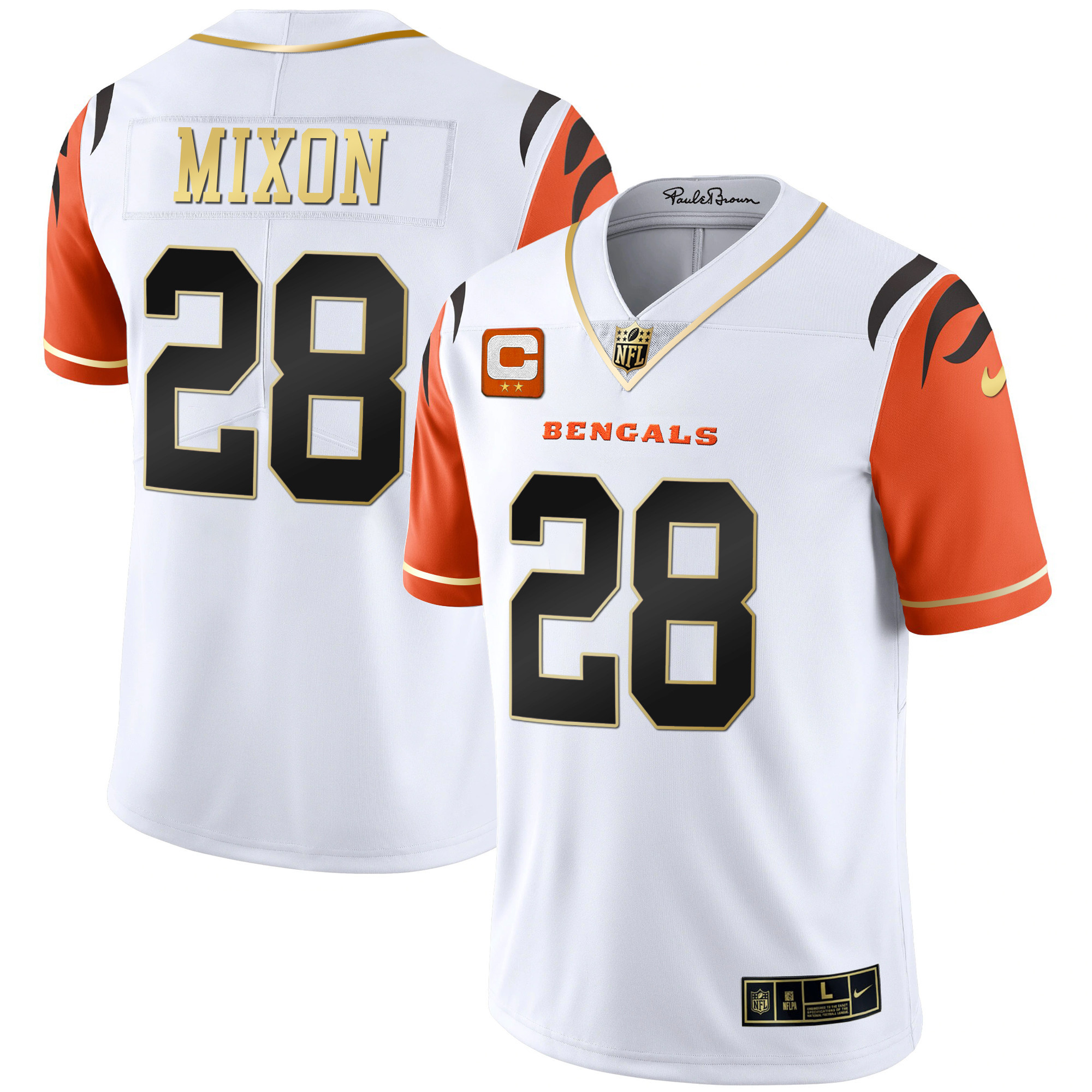 Joe Mixon Men's Cincinnati Bengals Black Gold & White Gold Vapor Orange Sleeves Jersey - All Stitched 