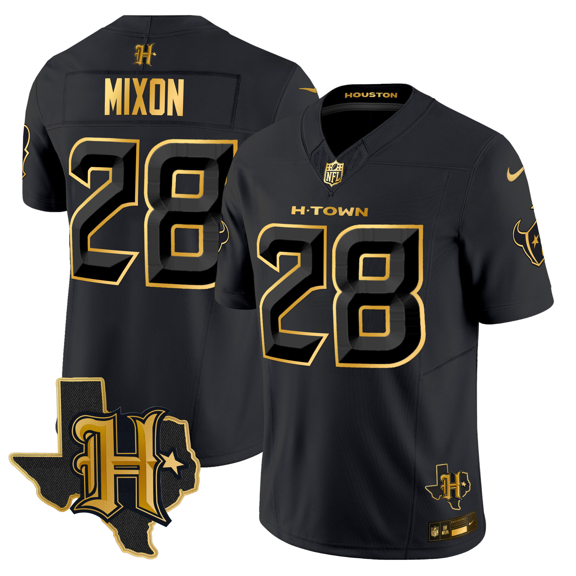 Joe Mixon Men's Houston Texans 2024 Texas Patch Gold Vapor Limited Black Gold Jersey - All Stitched 