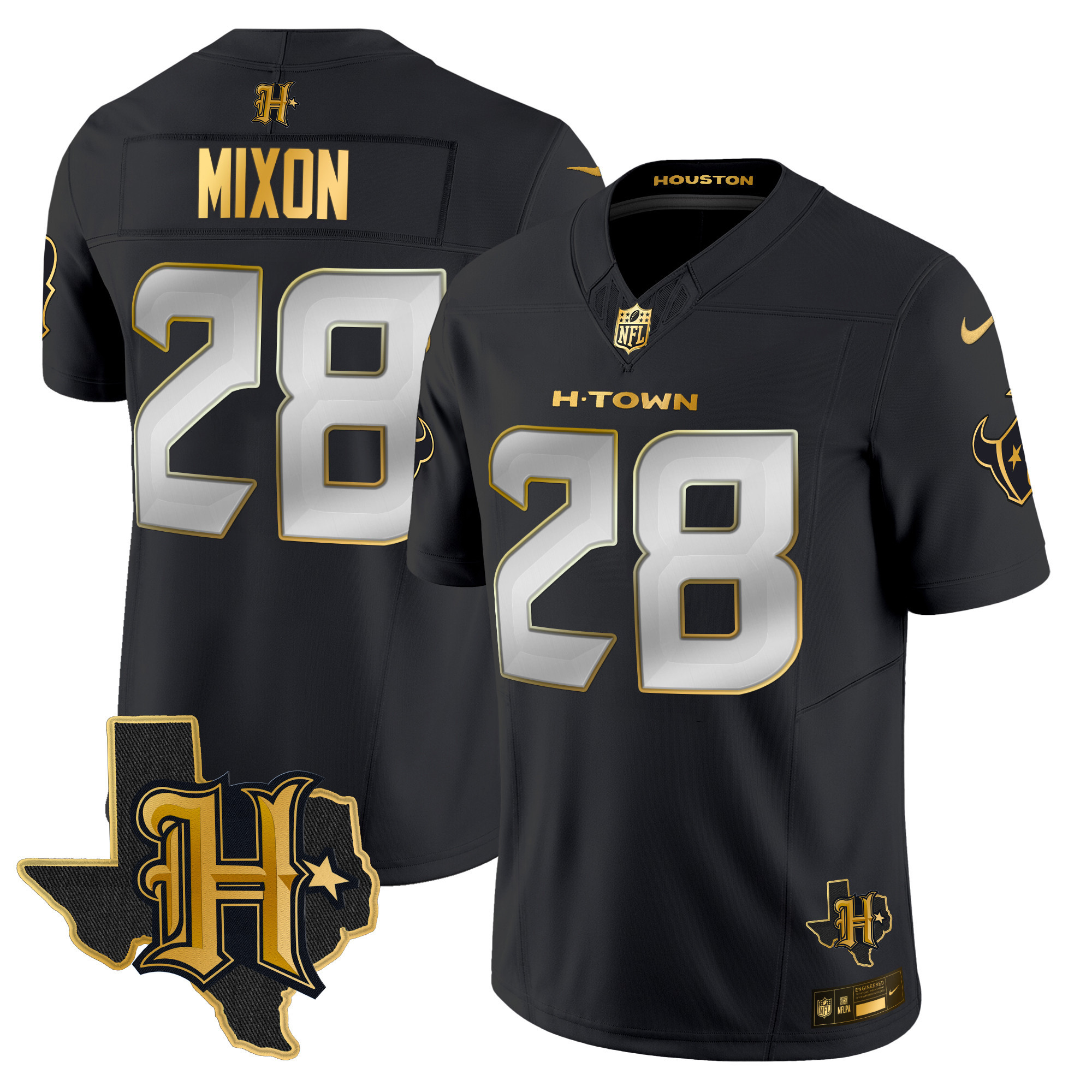 Joe Mixon Men's Houston Texans 2024 Texas Patch Gold Vapor Limited Black Limited Jersey - All Stitched 