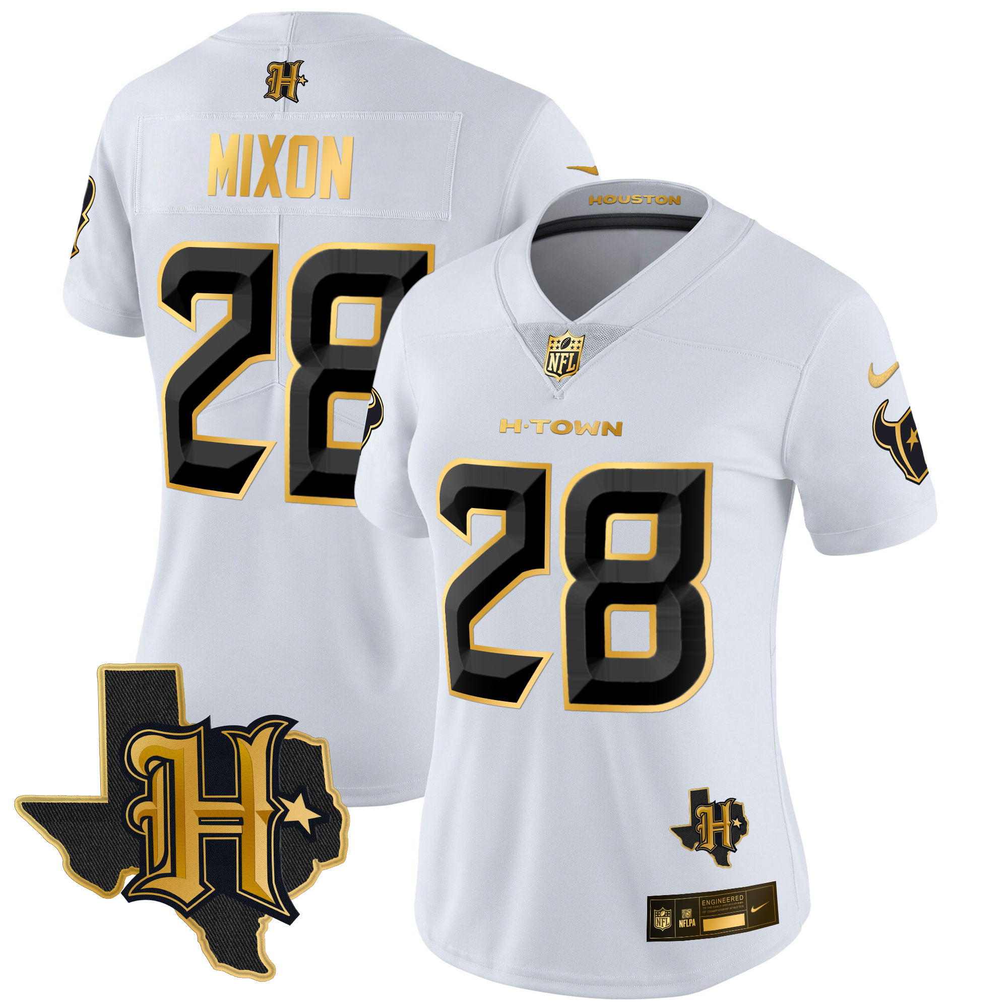 Joe Mixon Women's Houston Texans 2024 Texas Patch Gold Vapor Limited White Gold Jersey - All Stitched 