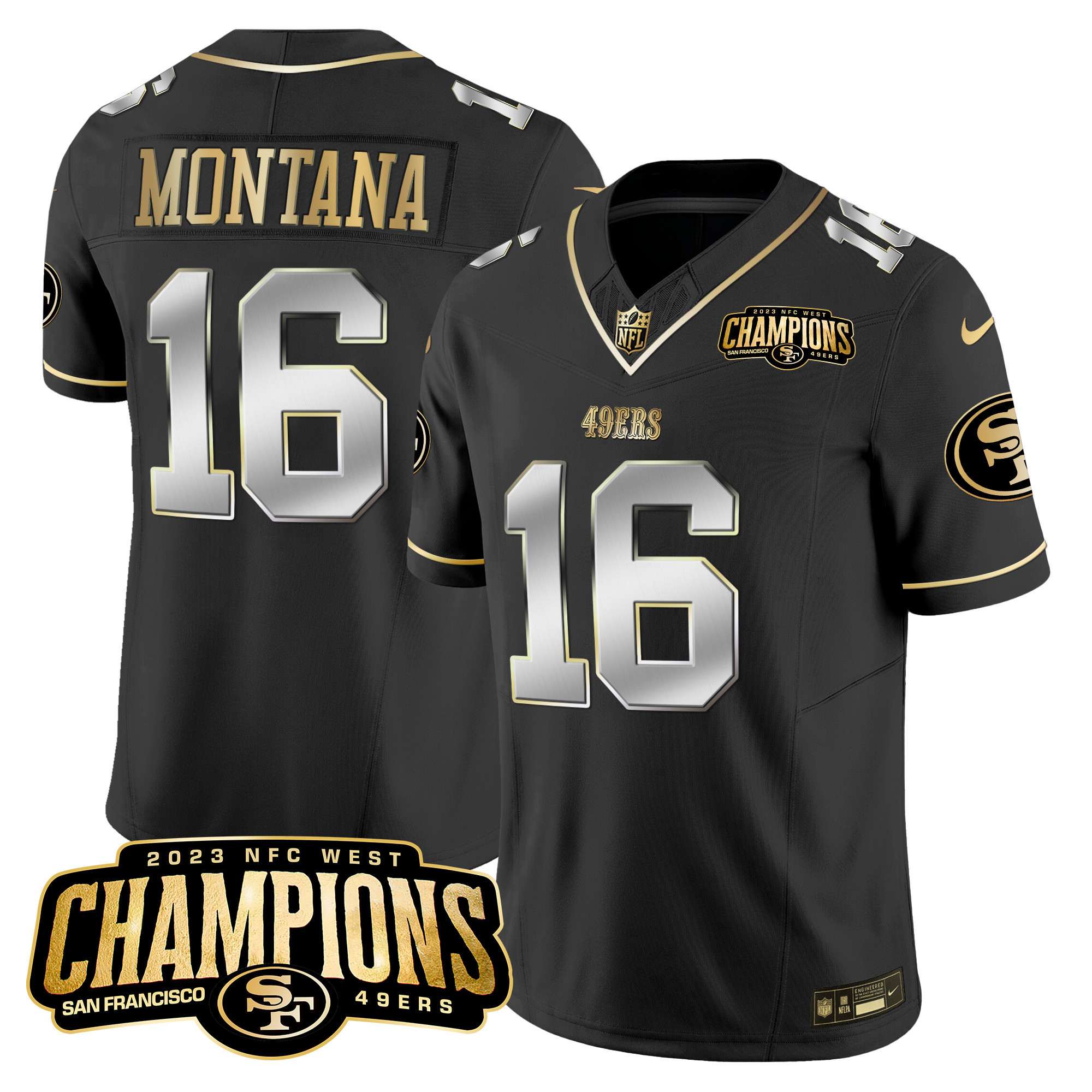 Joe Montana Men's San Francisco 49ers 2023 NFC West Champions Patch Vapor Black Limited Jersey - All Stitched 