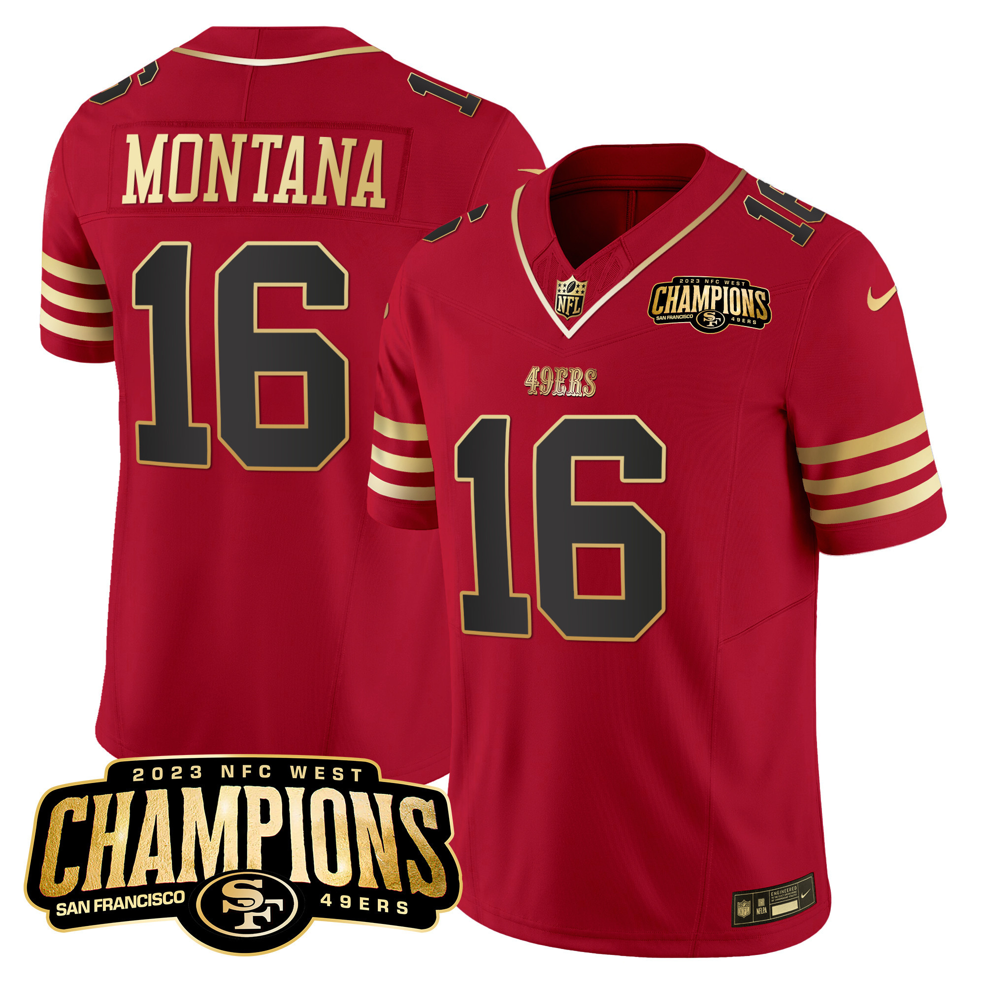 Joe Montana Men's San Francisco 49ers 2023 NFC West Champions Patch Vapor Black Scarlet Jersey - All Stitched 