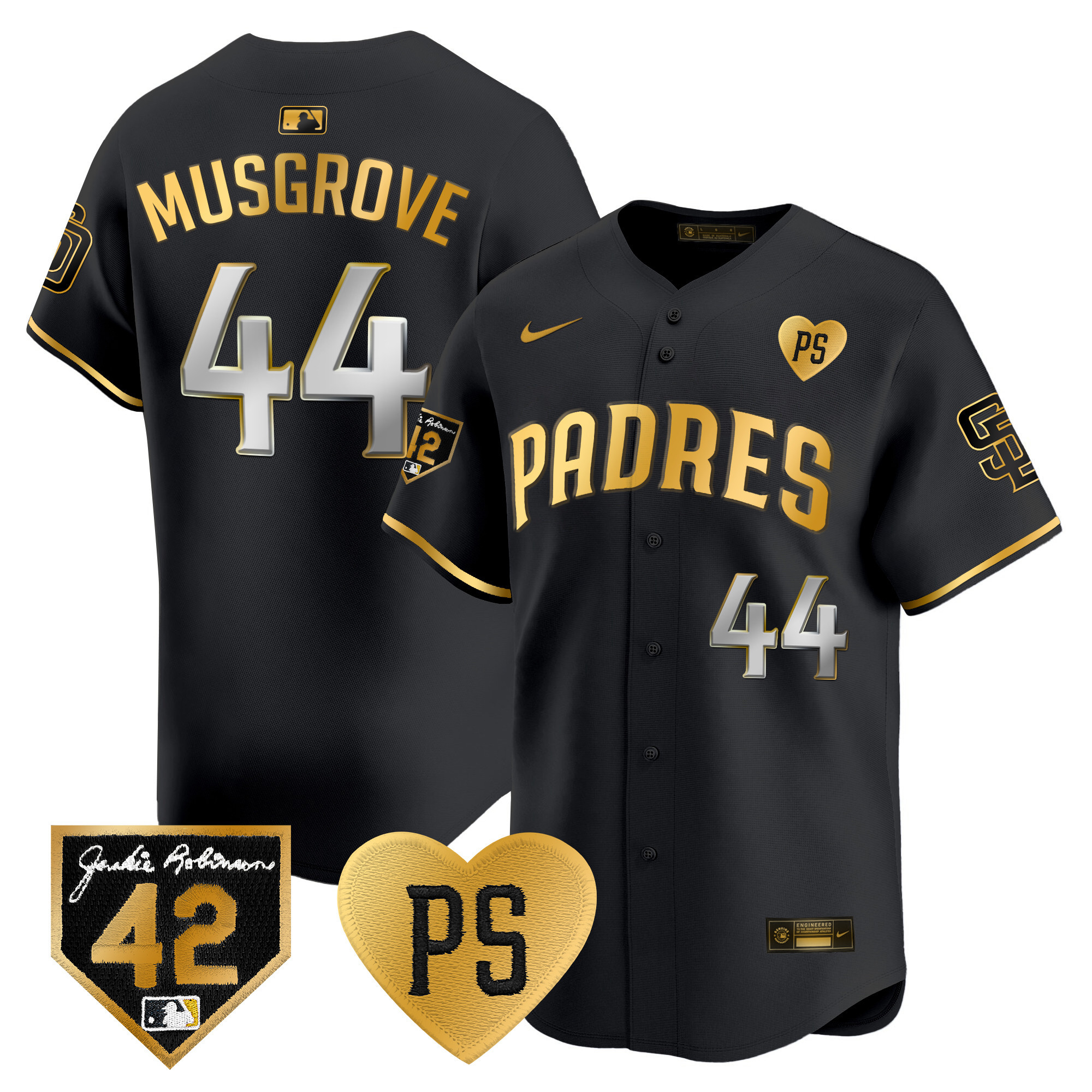 Joe Musgrove Men's San Diego Padres 2024 "For Peter" & Robinson Patch Vapor Premier Limited Black Gold Jersey - All Stitched