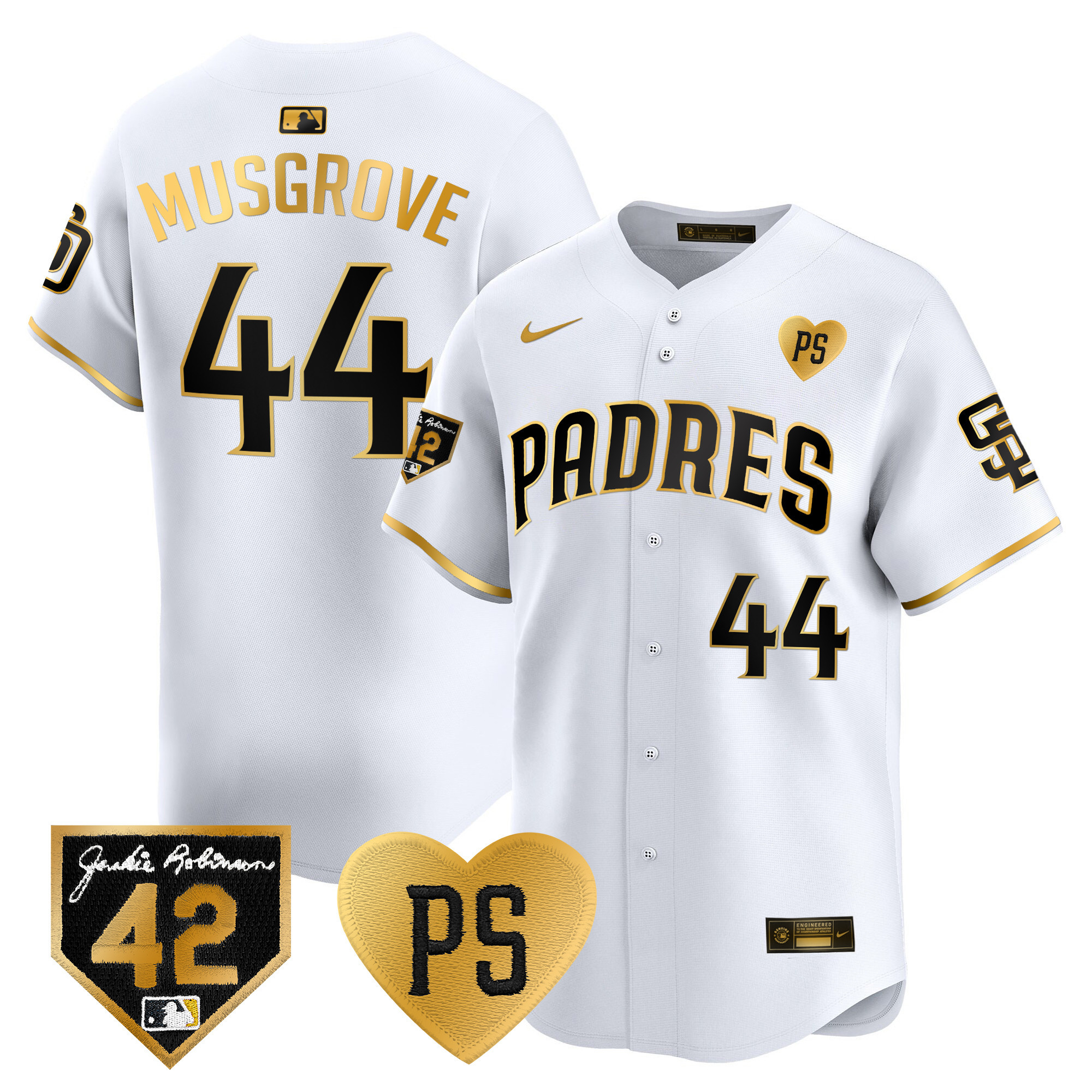 Joe Musgrove Men's San Diego Padres 2024 "For Peter" & Robinson Patch Vapor Premier Limited White Gold Jersey - All Stitched