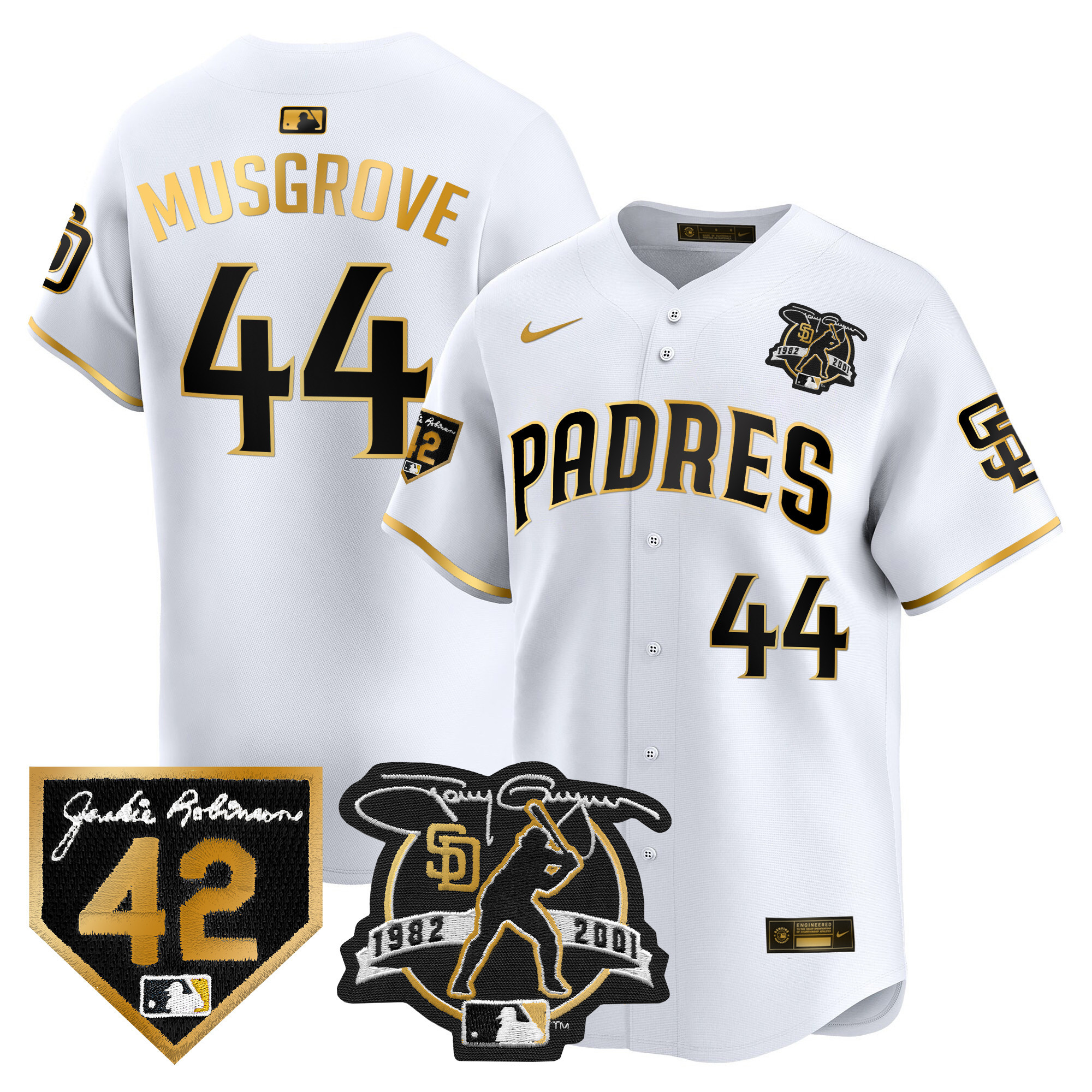 Joe Musgrove Men's San Diego Padres 2024 Tony Gwynn & Robinson Patch Vapor Premier Limited White Gold Jersey - All Stitched