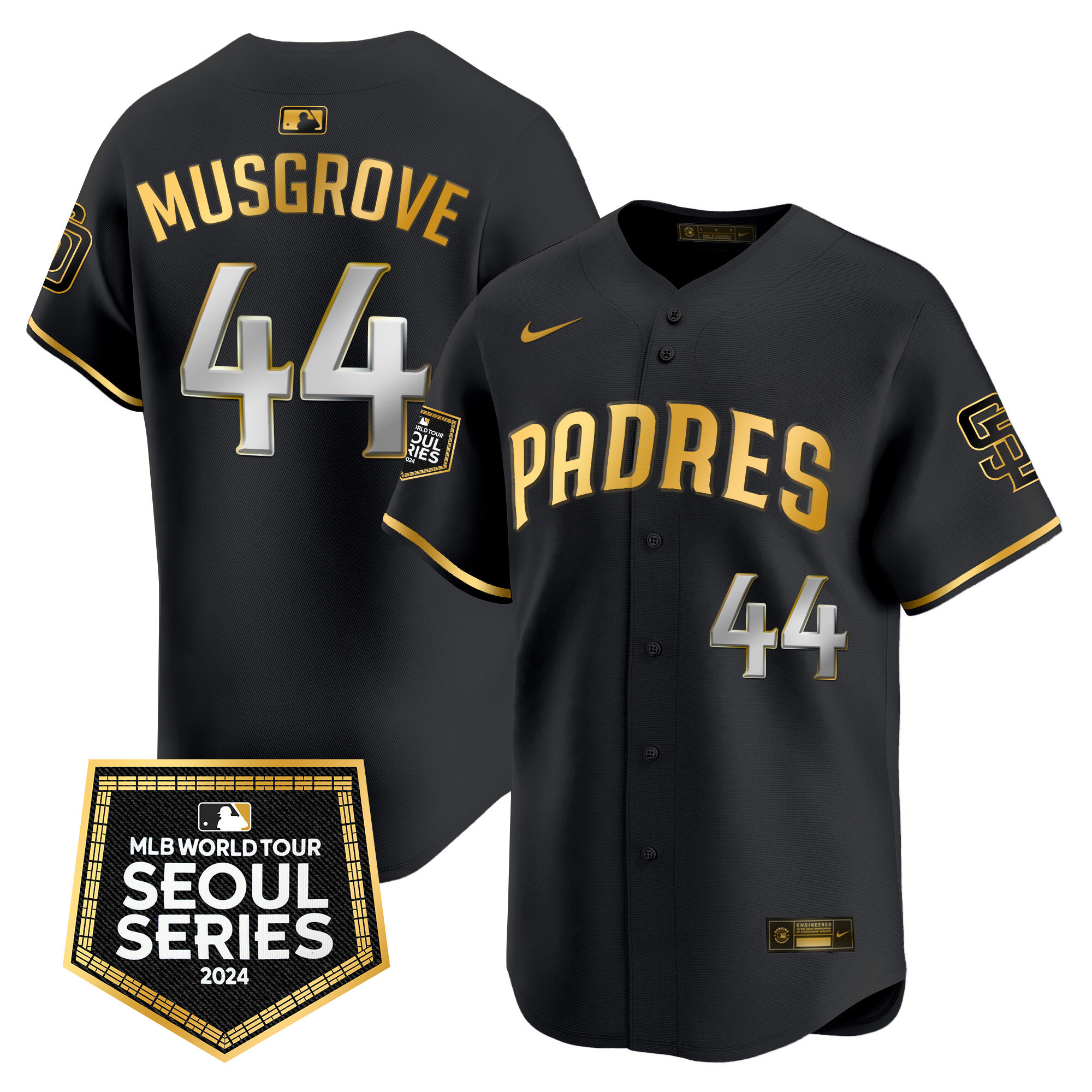 Joe Musgrove Men's San Diego Padres 2024 World Tour Seoul Series Patch Vapor Premier Limited Black Gold Jersey - All Stitched