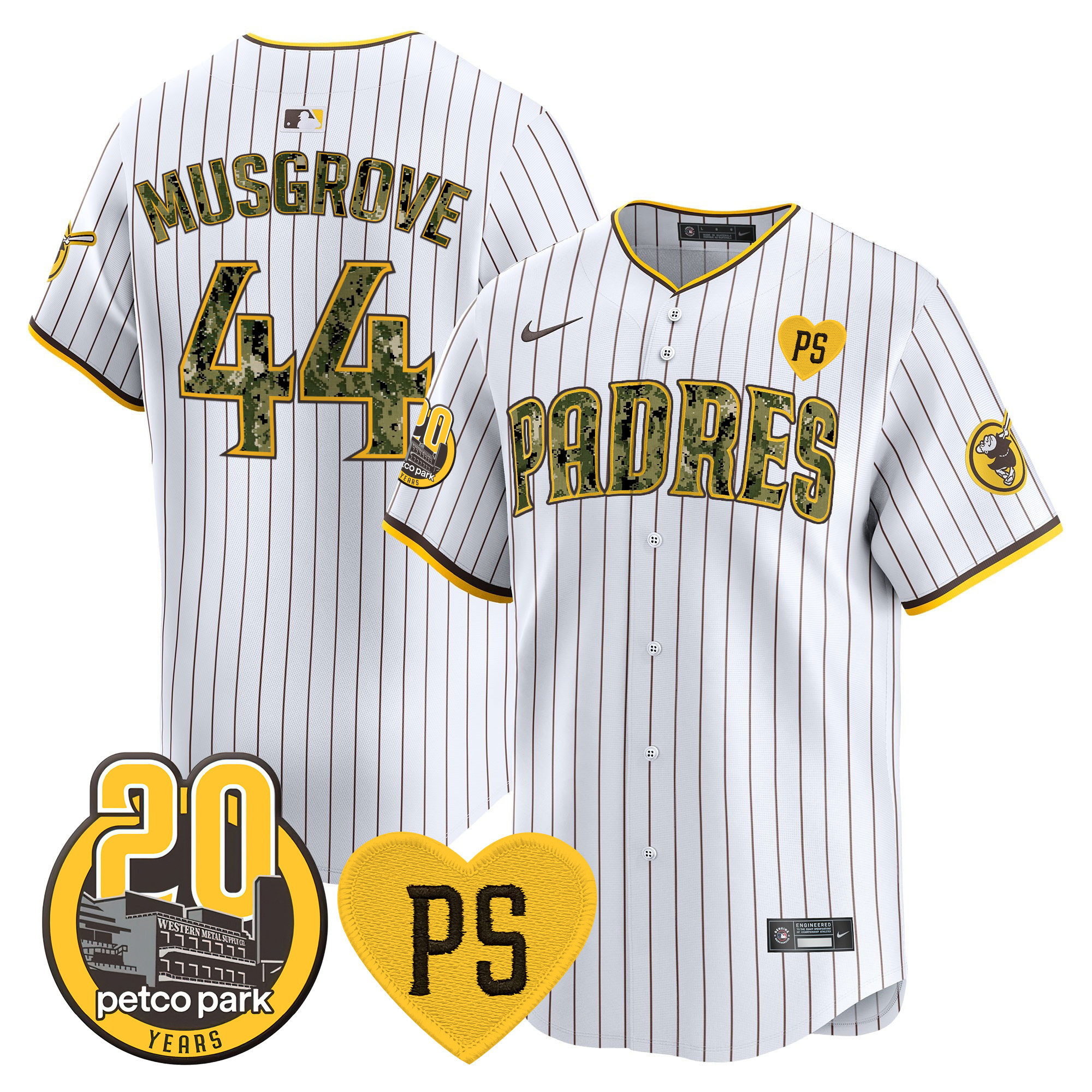 Joe Musgrove Men's San Diego Padres "For Peter" & Petco Park 20th Patch USMC Vapor Premier Limited V2 Pinstripe Jersey - All Stitched