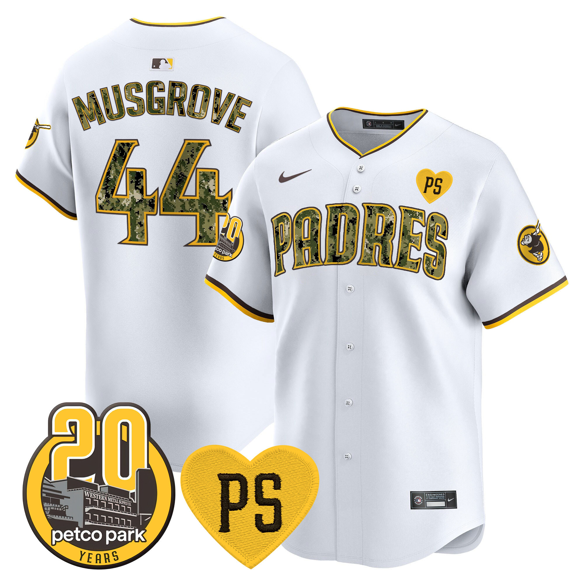 Joe Musgrove Men's San Diego Padres "For Peter" & Petco Park 20th Patch USMC Vapor Premier Limited V2 White Jersey - All Stitched