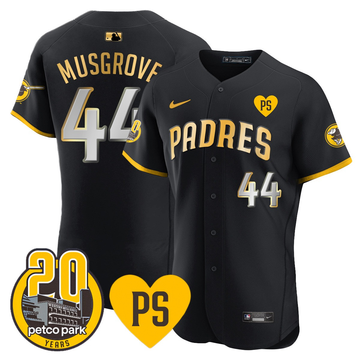 Joe Musgrove Men's San Diego Padres "For Peter" & Petco Park 20th Patch Vapor Premier Elite Black Gold Jersey - All Stitched