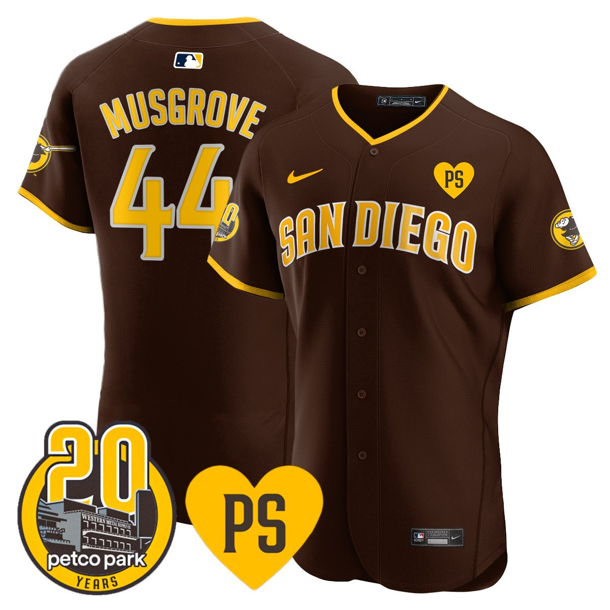 Joe Musgrove Men's San Diego Padres "For Peter" & Petco Park 20th Patch Vapor Premier Elite Brown Jersey - All Stitched