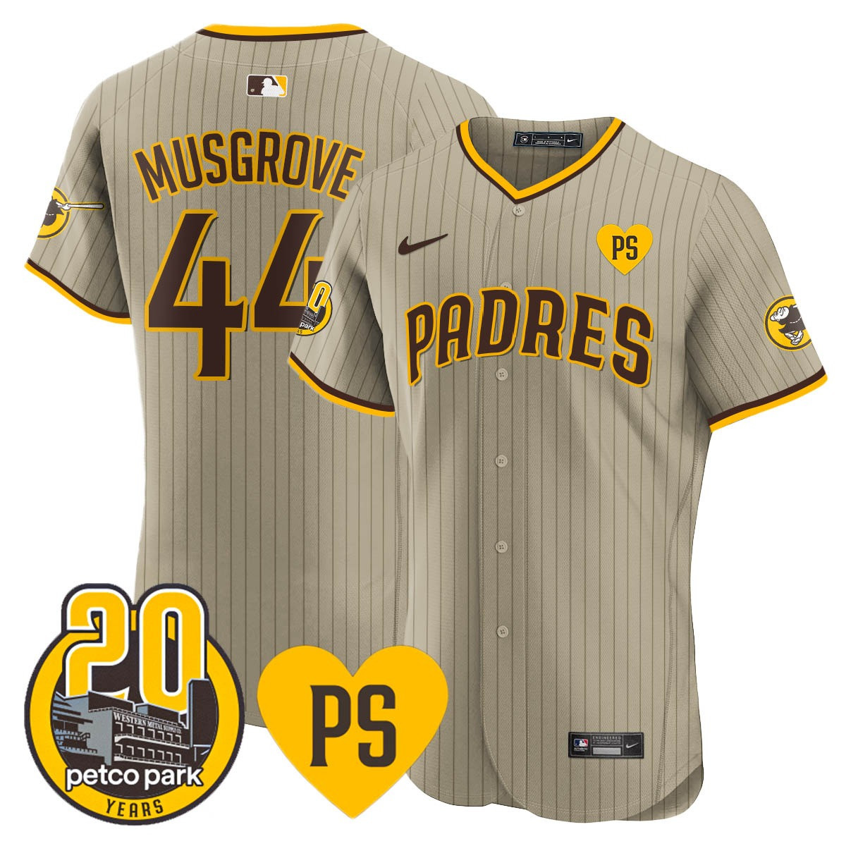 Joe Musgrove Men's San Diego Padres "For Peter" & Petco Park 20th Patch Vapor Premier Elite Tan Jersey - All Stitched