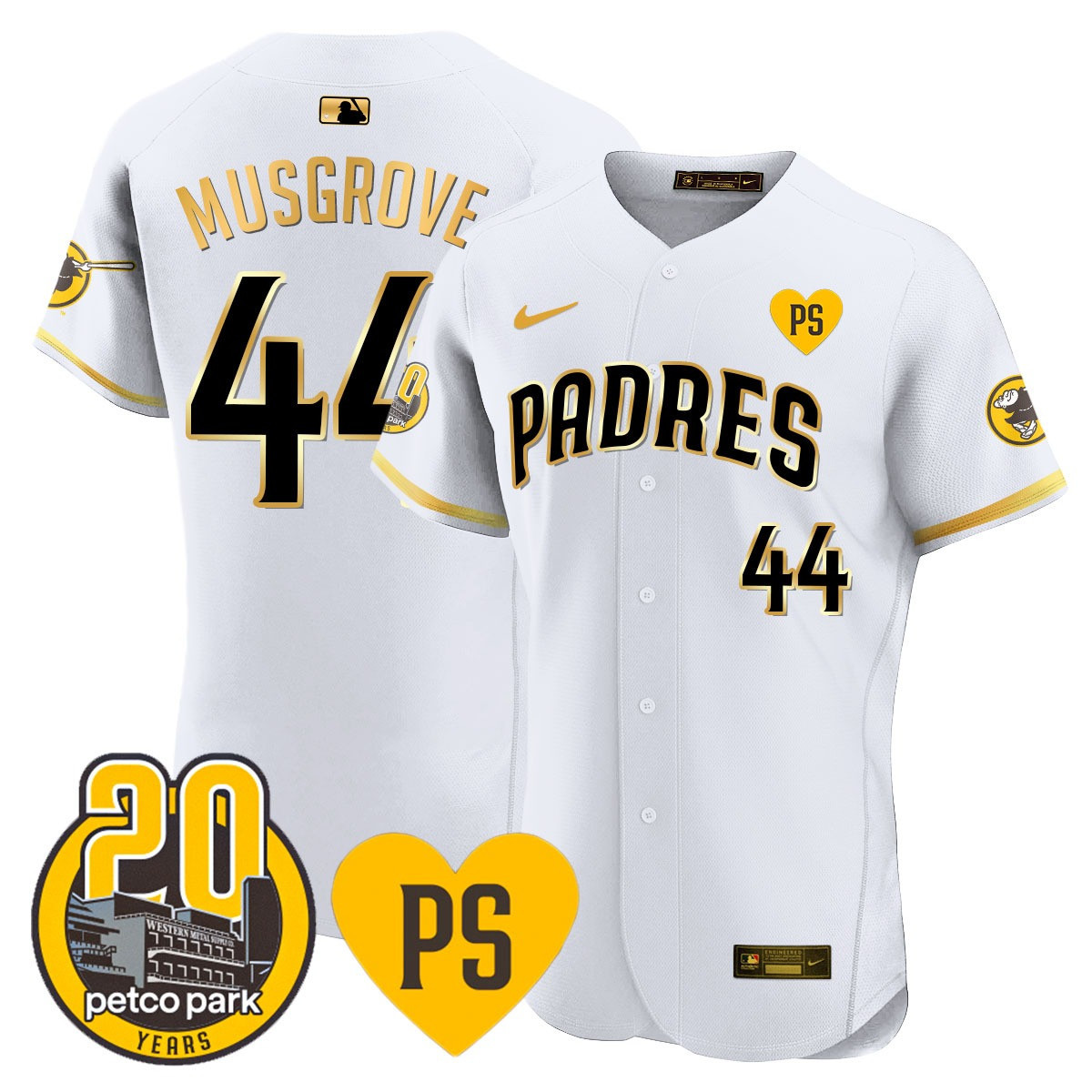 Joe Musgrove Men's San Diego Padres "For Peter" & Petco Park 20th Patch Vapor Premier Elite White Gold Jersey - All Stitched