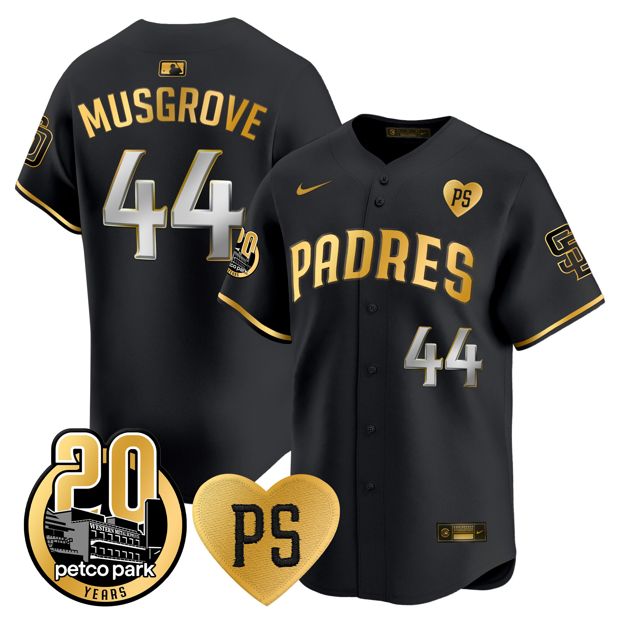 Joe Musgrove Men's San Diego Padres "For Peter" & Petco Park 20th Patch Vapor Premier Limited Black Gold Jersey - All Stitched