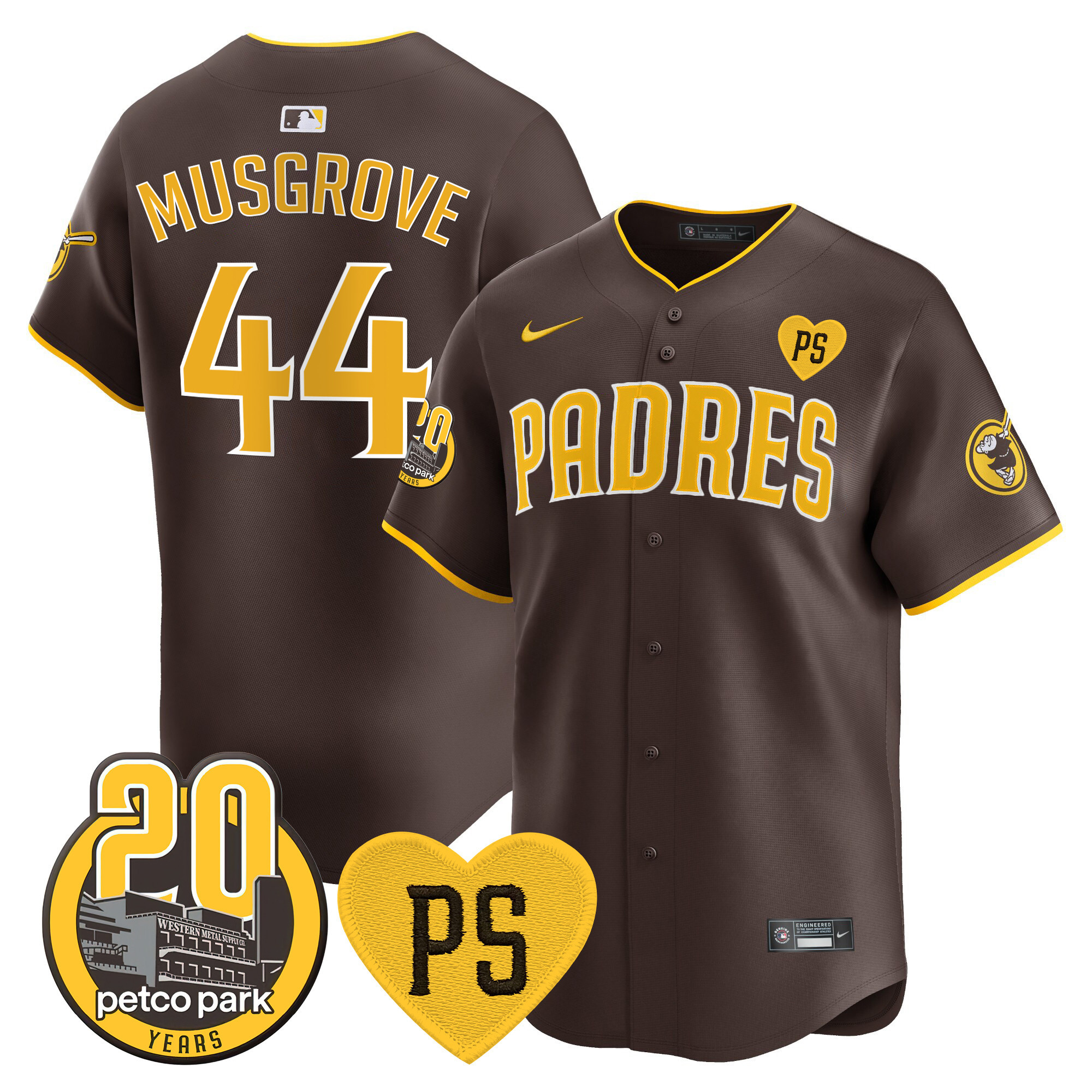 Joe Musgrove Men's San Diego Padres "For Peter" & Petco Park 20th Patch Vapor Premier Limited Brown Jersey - All Stitched