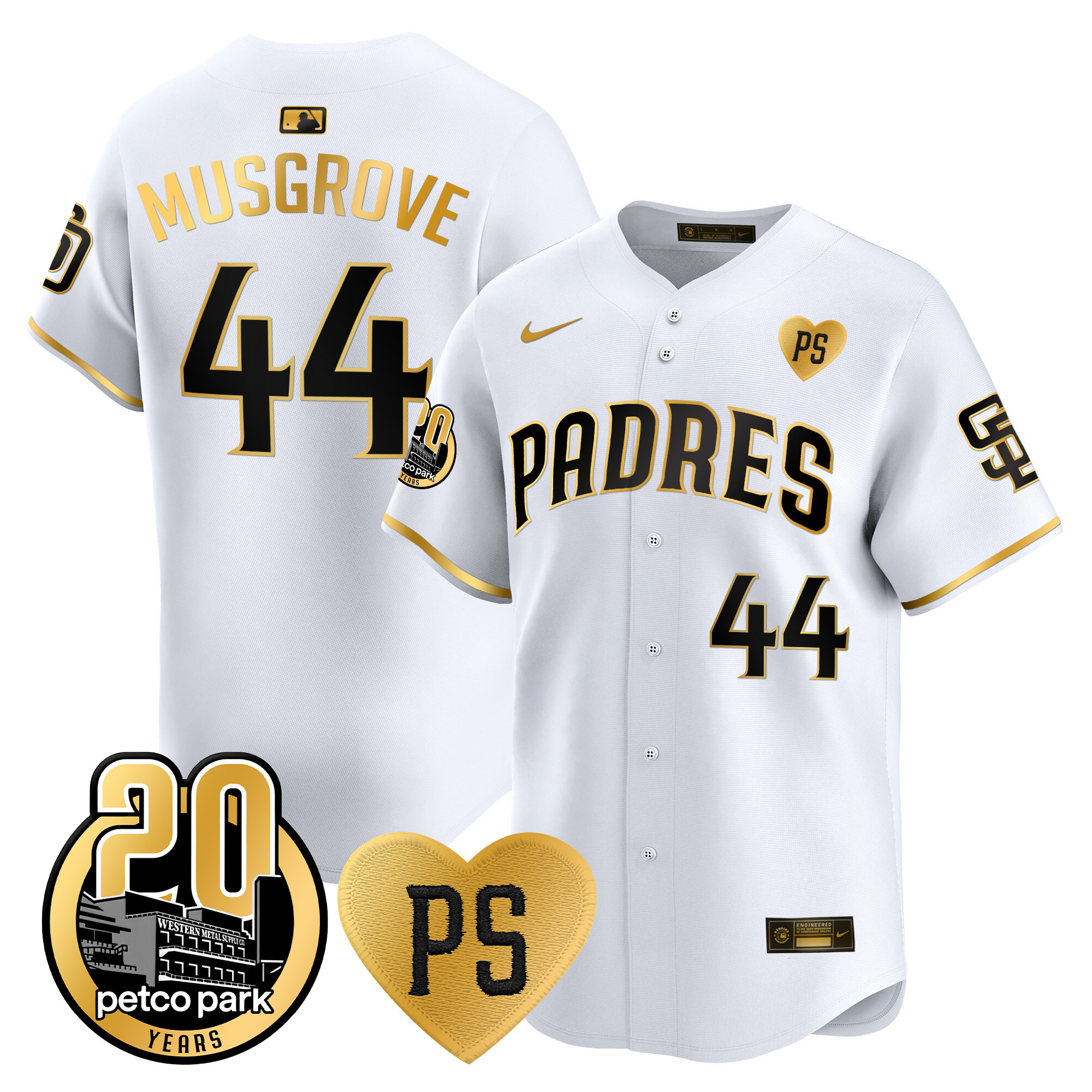 Joe Musgrove Men's San Diego Padres "For Peter" & Petco Park 20th Patch Vapor Premier Limited White Gold Jersey - All Stitched