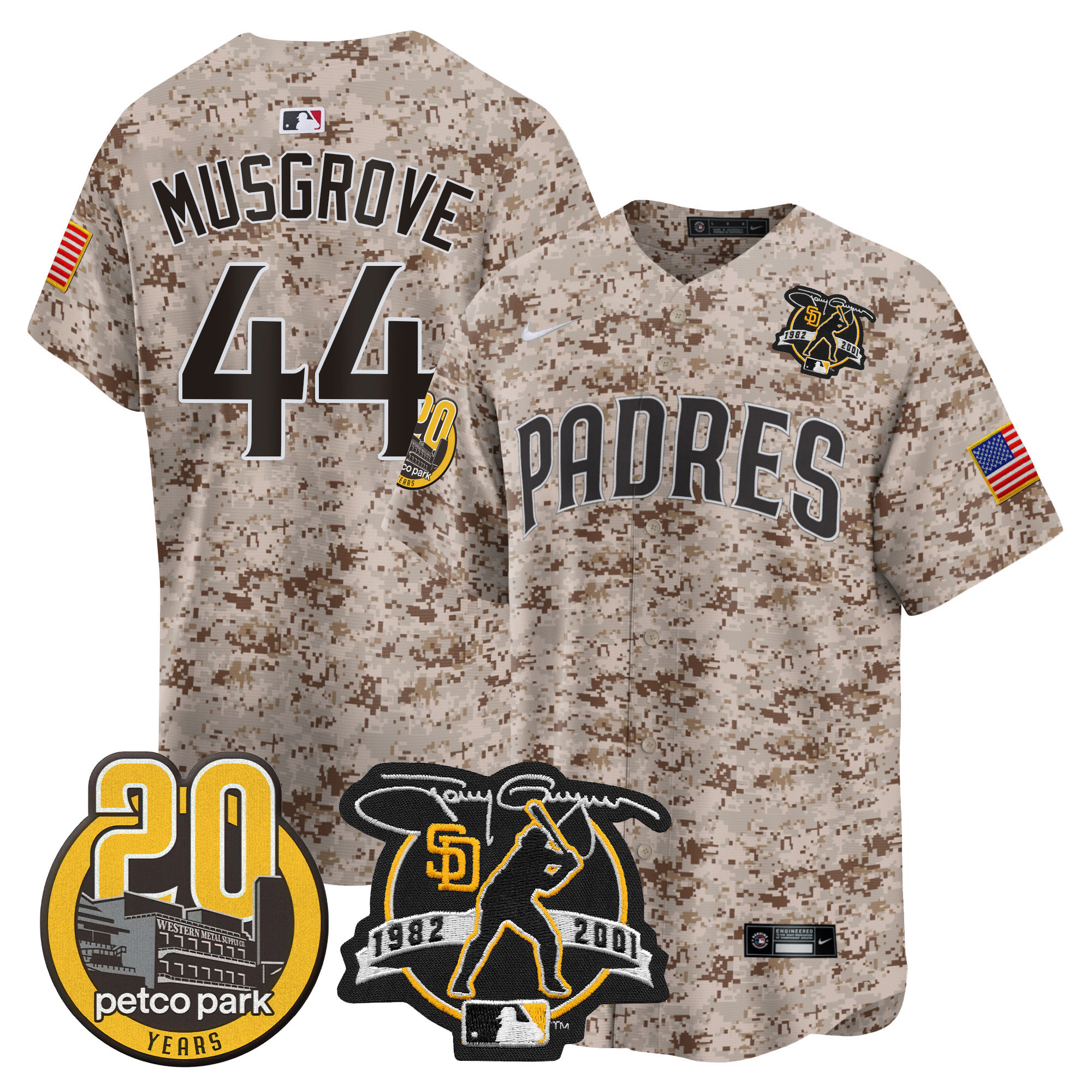 Joe Musgrove Men's San Diego Padres Tony Gwynn & Petco Park 20th Patch USMC Vapor Premier Limited Desert Jersey - All Stitched