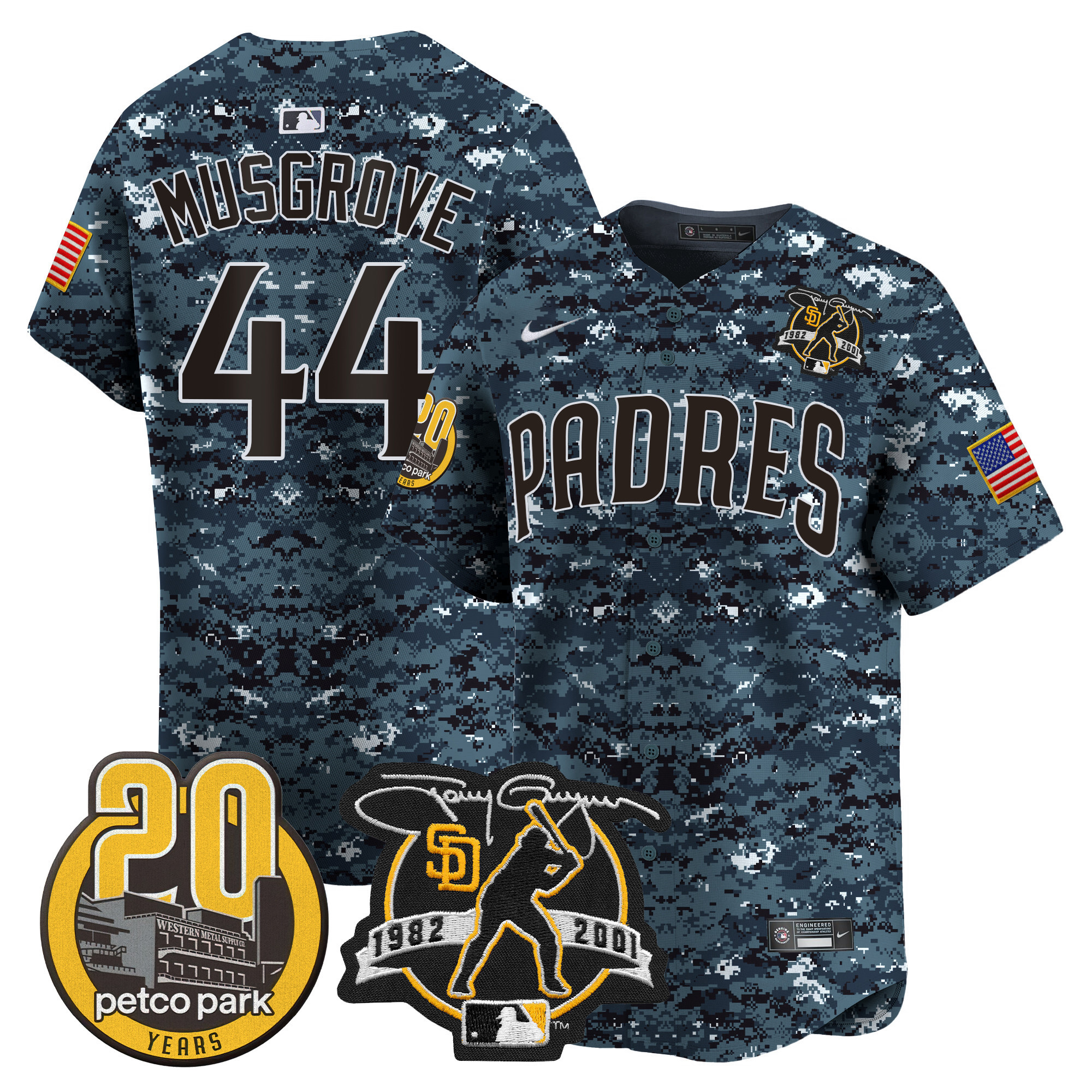 Joe Musgrove Men's San Diego Padres Tony Gwynn & Petco Park 20th Patch USMC Vapor Premier Limited Navy Jersey - All Stitched