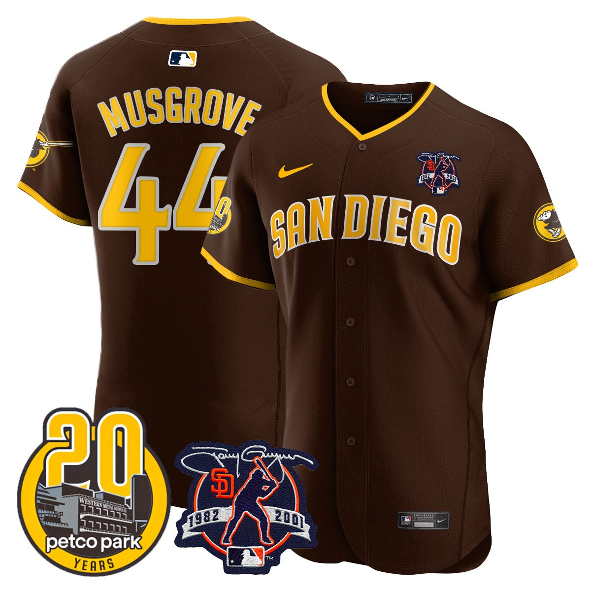 Joe Musgrove Men's San Diego Padres Tony Gwynn & Petco Park 20th Patch Vapor Premier Elite Brown Jersey - All Stitched