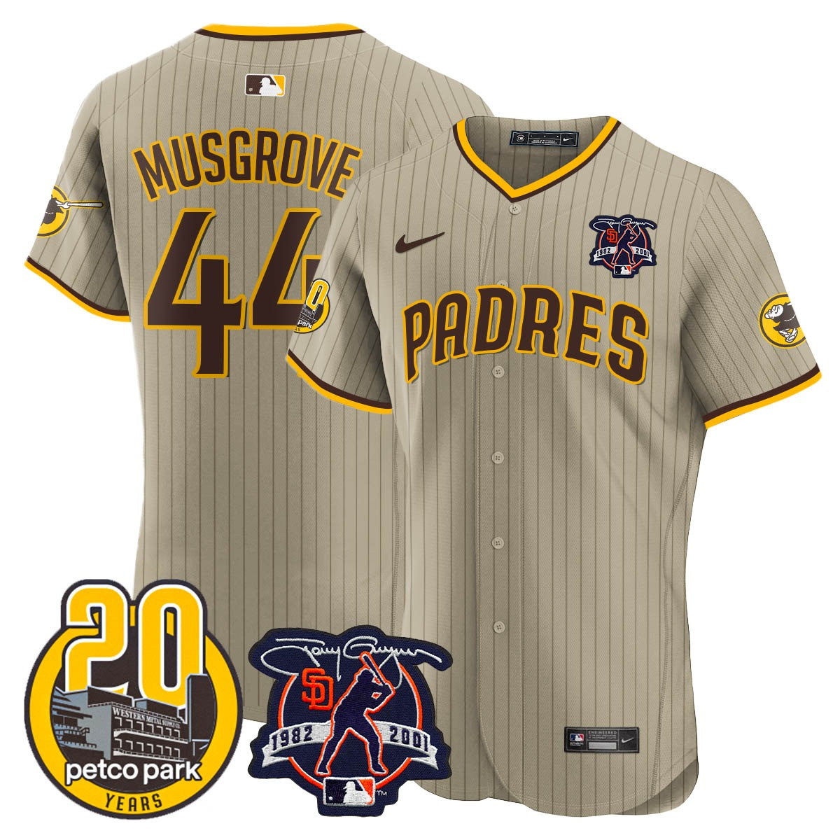 Joe Musgrove Men's San Diego Padres Tony Gwynn & Petco Park 20th Patch Vapor Premier Elite Tan Jersey - All Stitched
