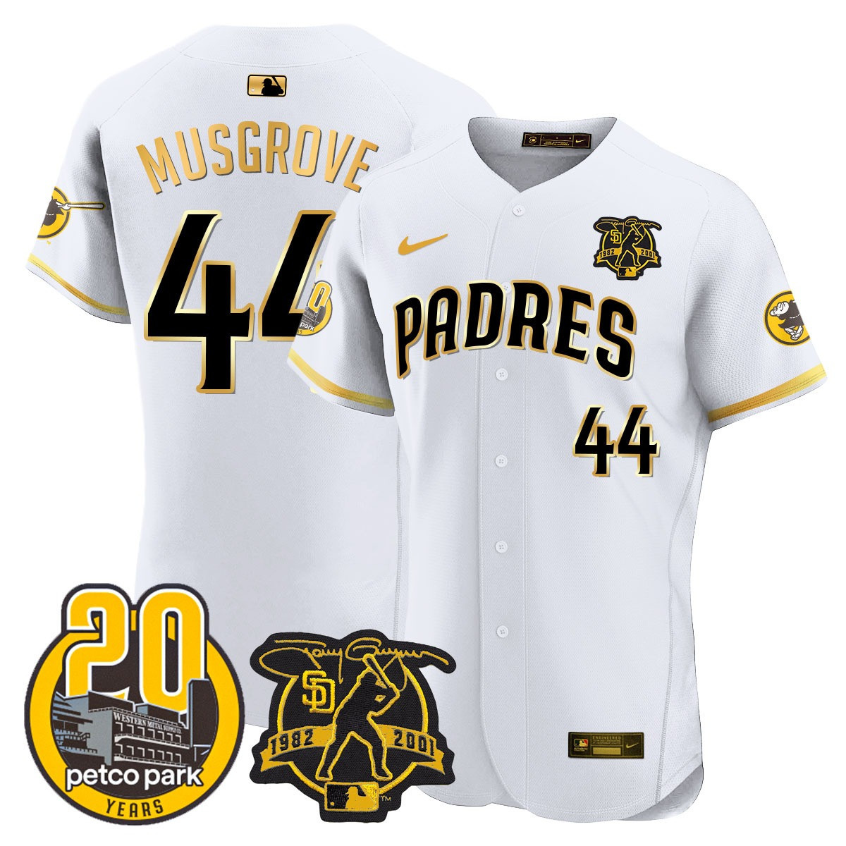Joe Musgrove Men's San Diego Padres Tony Gwynn & Petco Park 20th Patch Vapor Premier Elite White Gold Jersey - All Stitched
