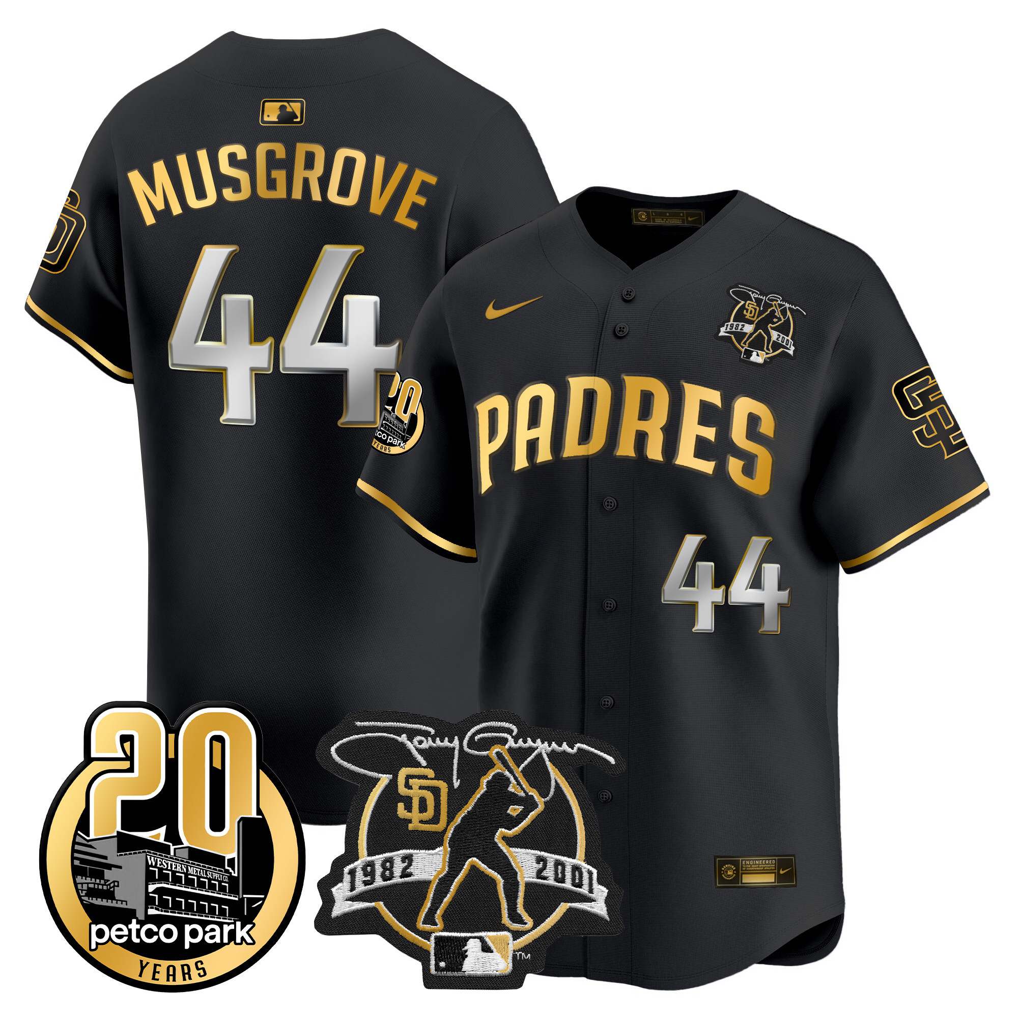 Joe Musgrove Men's San Diego Padres Tony Gwynn & Petco Park 20th Patch Vapor Premier Limited Black Gold Jersey - All Stitched