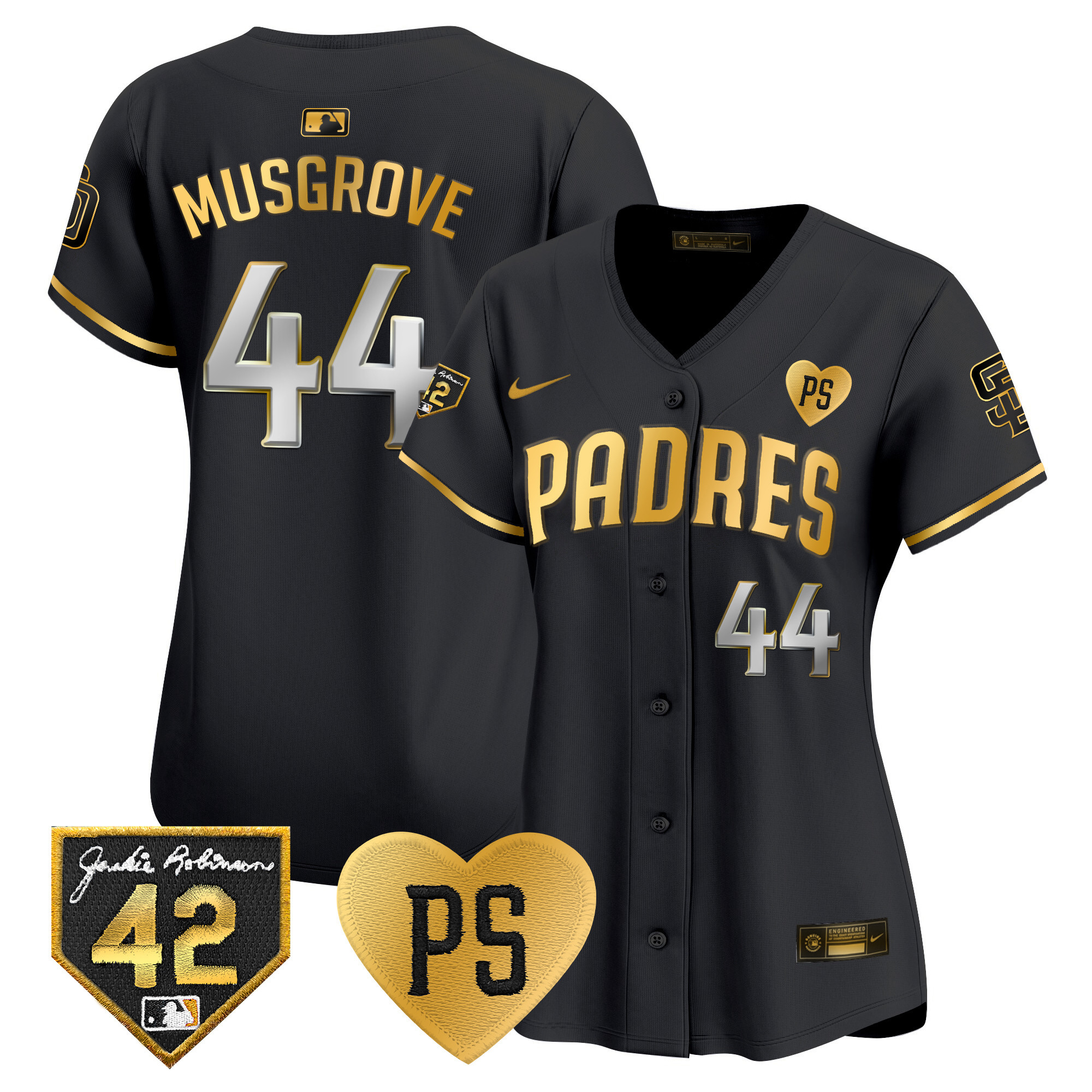 Joe Musgrove Women's San Diego Padres 2024 "For Peter" & Robinson Patch Vapor Premier Limited Black Gold Jersey - All Stitched