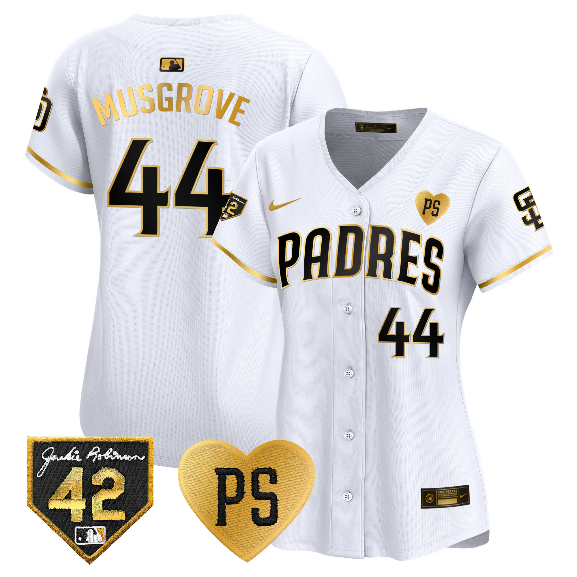 Joe Musgrove Women's San Diego Padres 2024 "For Peter" & Robinson Patch Vapor Premier Limited White Gold Jersey - All Stitched