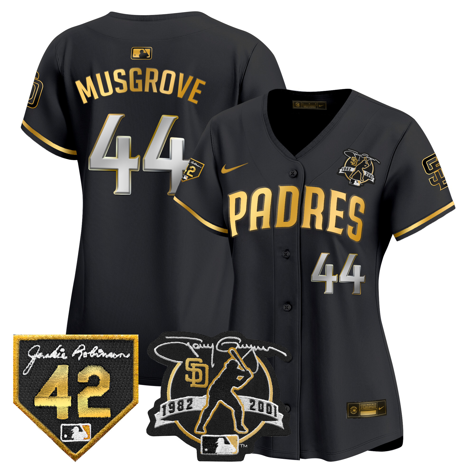 Joe Musgrove Women's San Diego Padres 2024 Tony Gwynn & Robinson Patch Vapor Premier Limited Black Gold Jersey - All Stitched