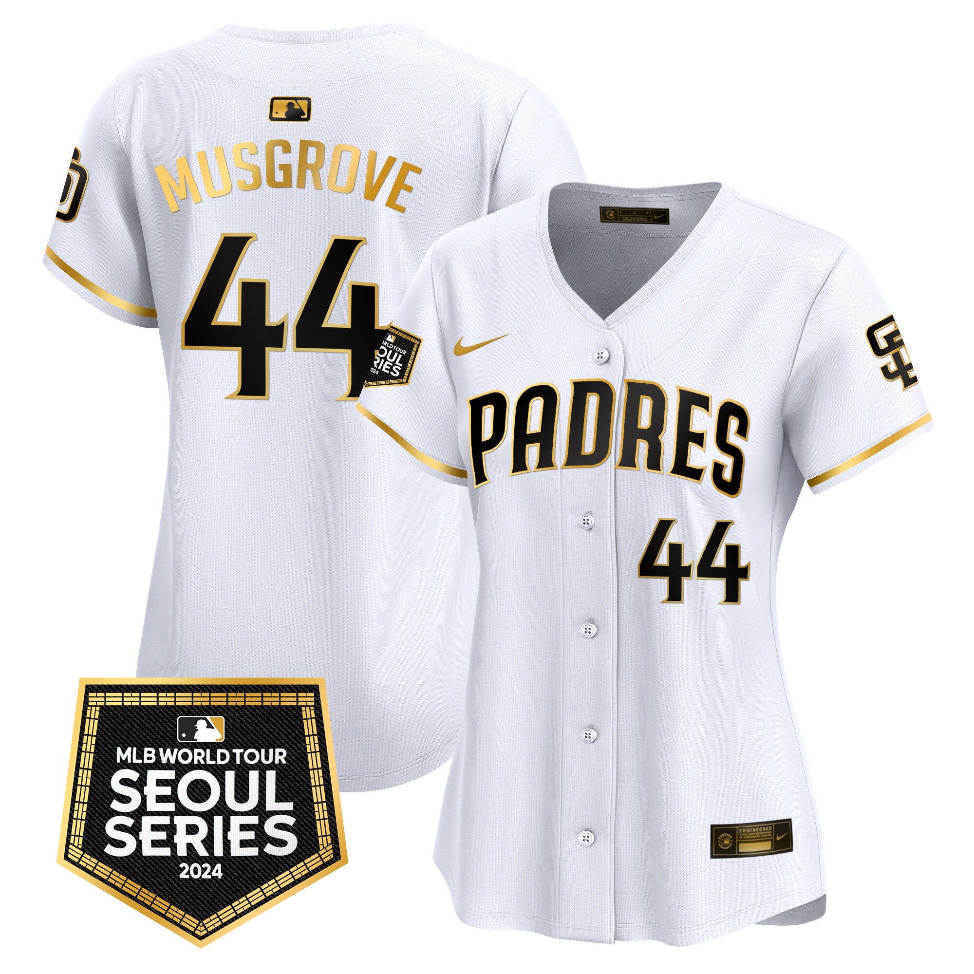 Joe Musgrove Women's San Diego Padres 2024 World Tour Seoul Series Patch Vapor Premier Limited White Gold Jersey - All Stitched