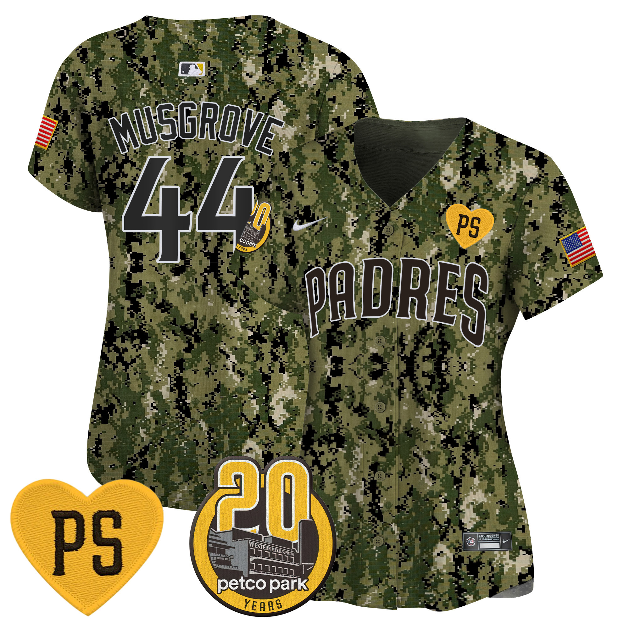 Joe Musgrove Women's San Diego Padres "For Peter" & Petco Park 20th Patch USMC Vapor Premier Limited Woodland Jersey - All Stitched
