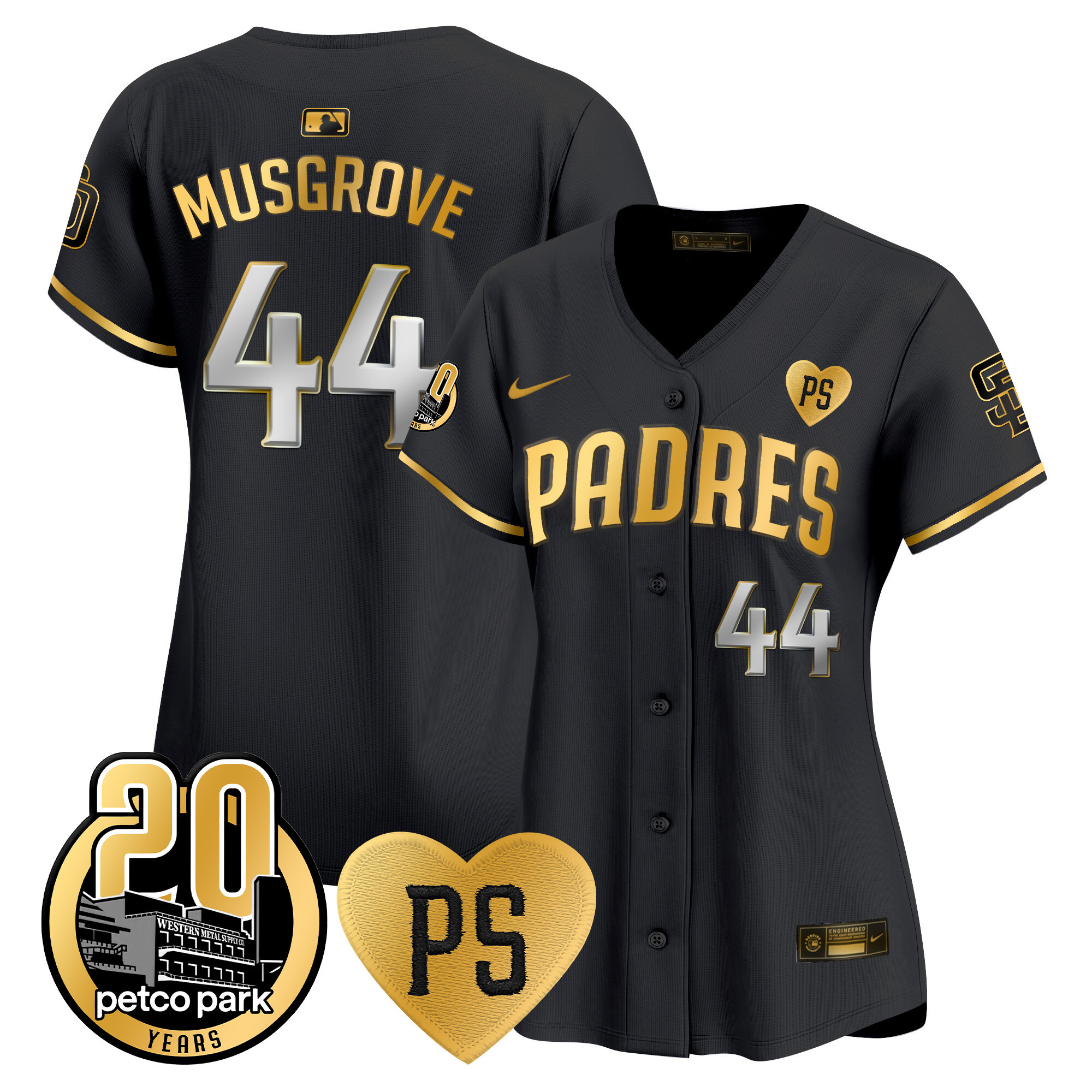 Joe Musgrove Women's San Diego Padres "For Peter" & Petco Park 20th Patch Vapor Premier Limited Black Gold Jersey - All Stitched
