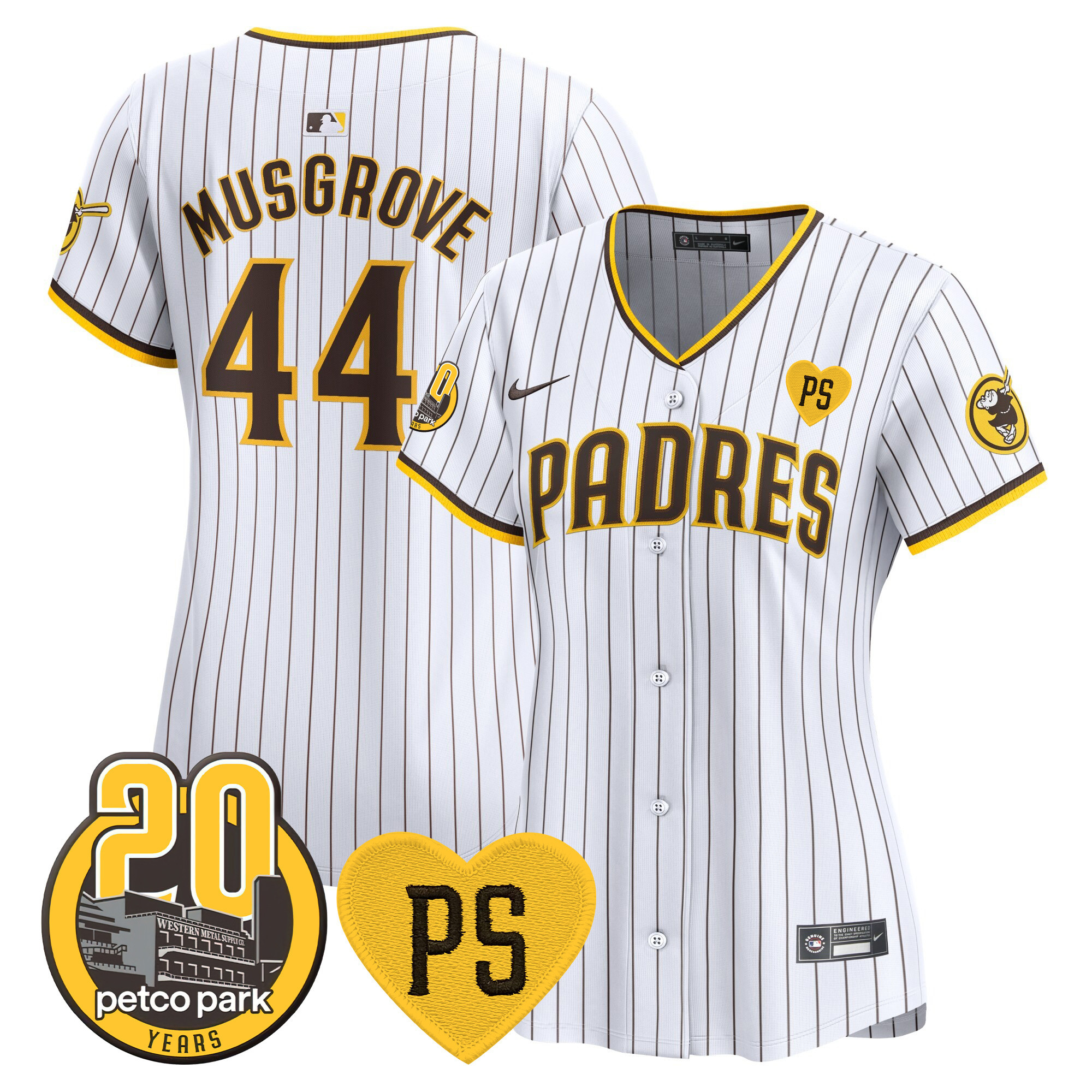 Joe Musgrove Women's San Diego Padres "For Peter" & Petco Park 20th Patch Vapor Premier Limited White Jersey - All Stitched