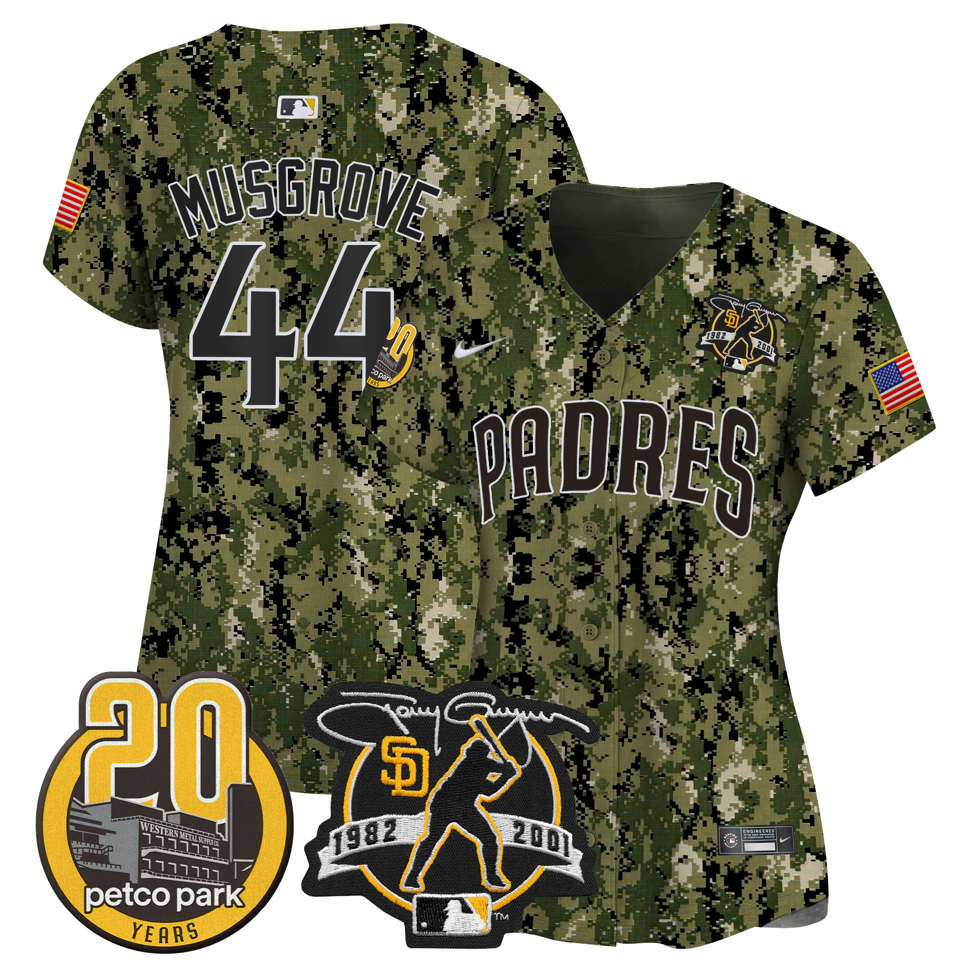 Joe Musgrove Women's San Diego Padres Tony Gwynn & Petco Park 20th Patch USMC Vapor Premier Limited Woodland Jersey - All Stitched
