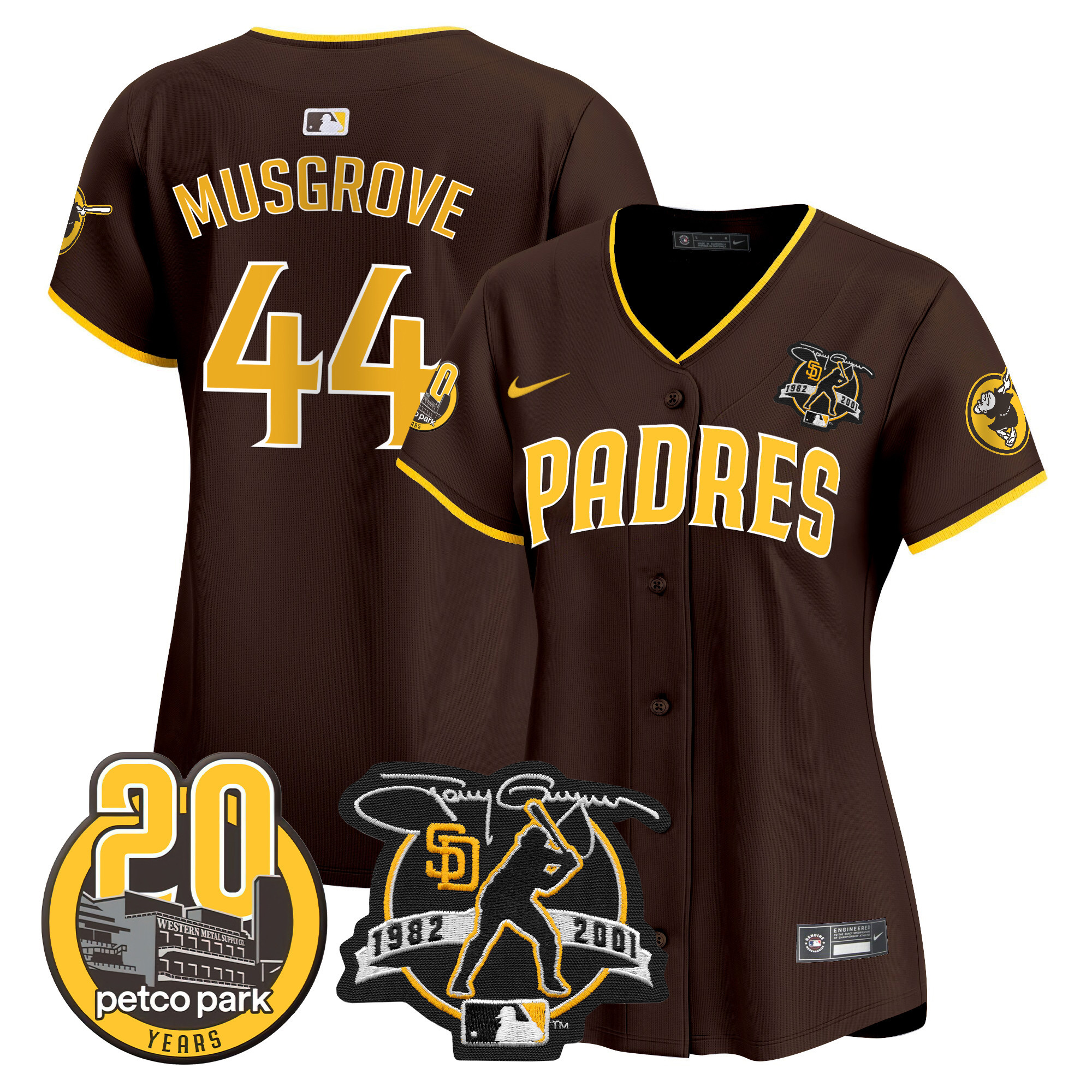 Joe Musgrove Women's San Diego Padres Tony Gwynn & Petco Park 20th Patch Vapor Premier Limited Brown Jersey - All Stitched